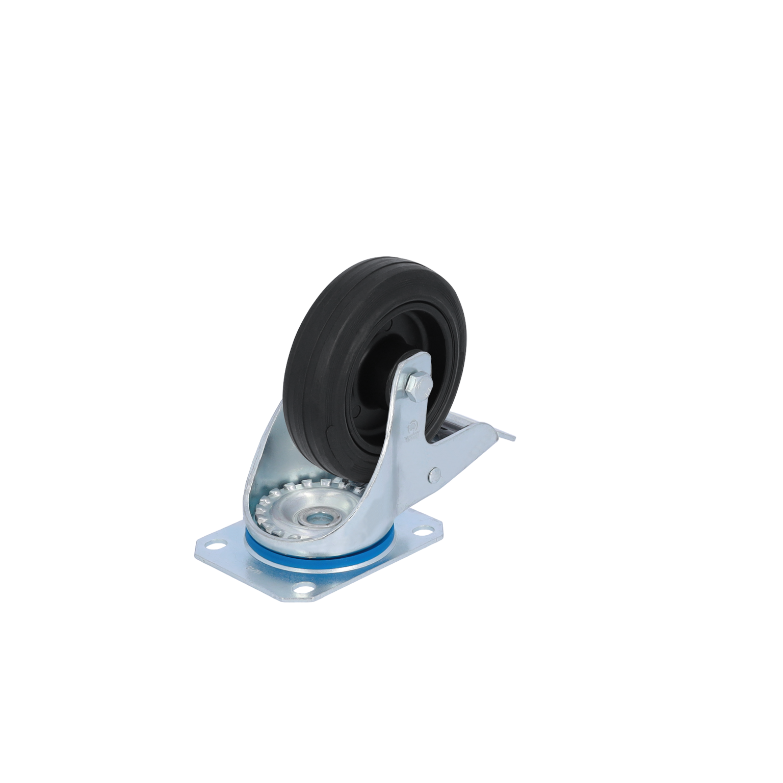 Een zwarte rubberwiel met een metalen voetbevestiging, dat zich in een rechte positie bevindt. Het heeft een blauwe ring om de bevestigingsplaat en een tandwiel zichtbaar onderaan.