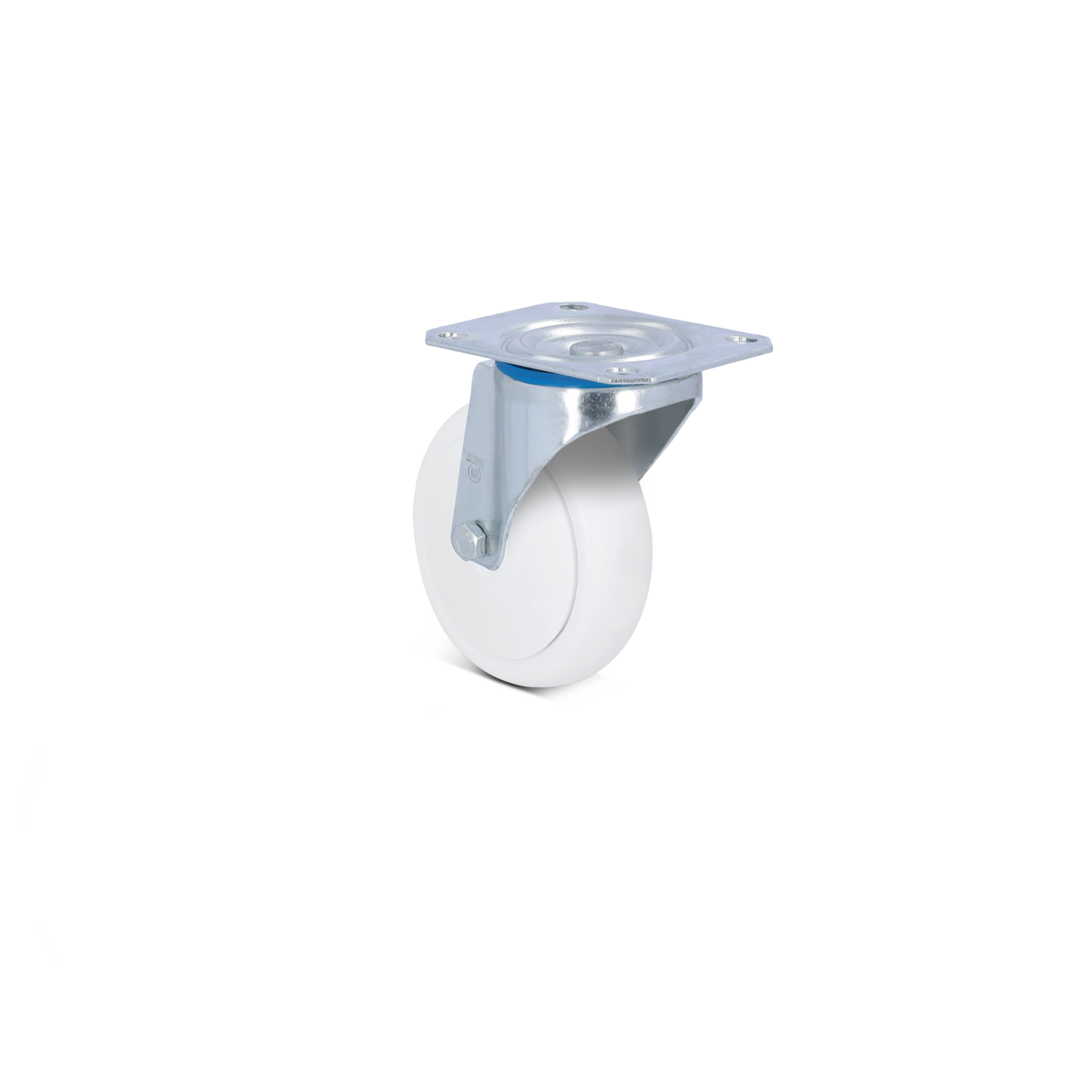 A white industrial caster wheel features a metallic mounting plate for attachment. It is securely fastened with a metallic bracket, showcasing a smooth, rounded wheel design suitable for warehouse logistics.