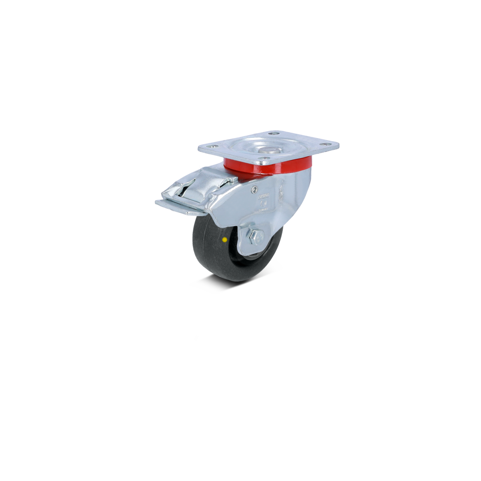 A swivel castor featuring a black rubber wheel mounted on a metal plate, with a red accent ring. The assembly is designed for mobility in industrial environments.