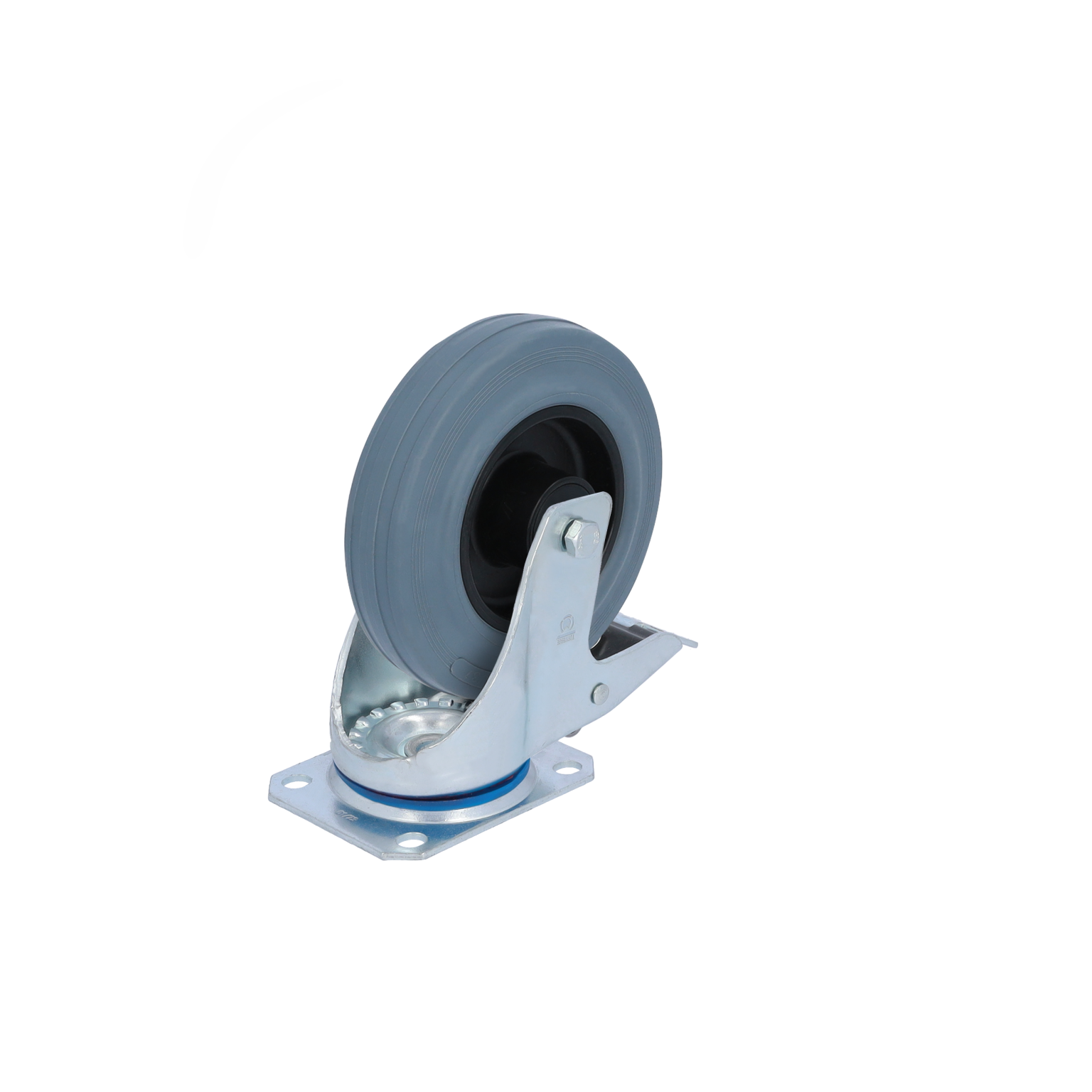 Zwenkwiel met een grijs rubberen loopvlak en een metallic chromen bevestigingsbeugel. Het is gepositioneerd op een witte achtergrond, geschikt voor gebruik in materiaallogistiek en transporttoepassingen.