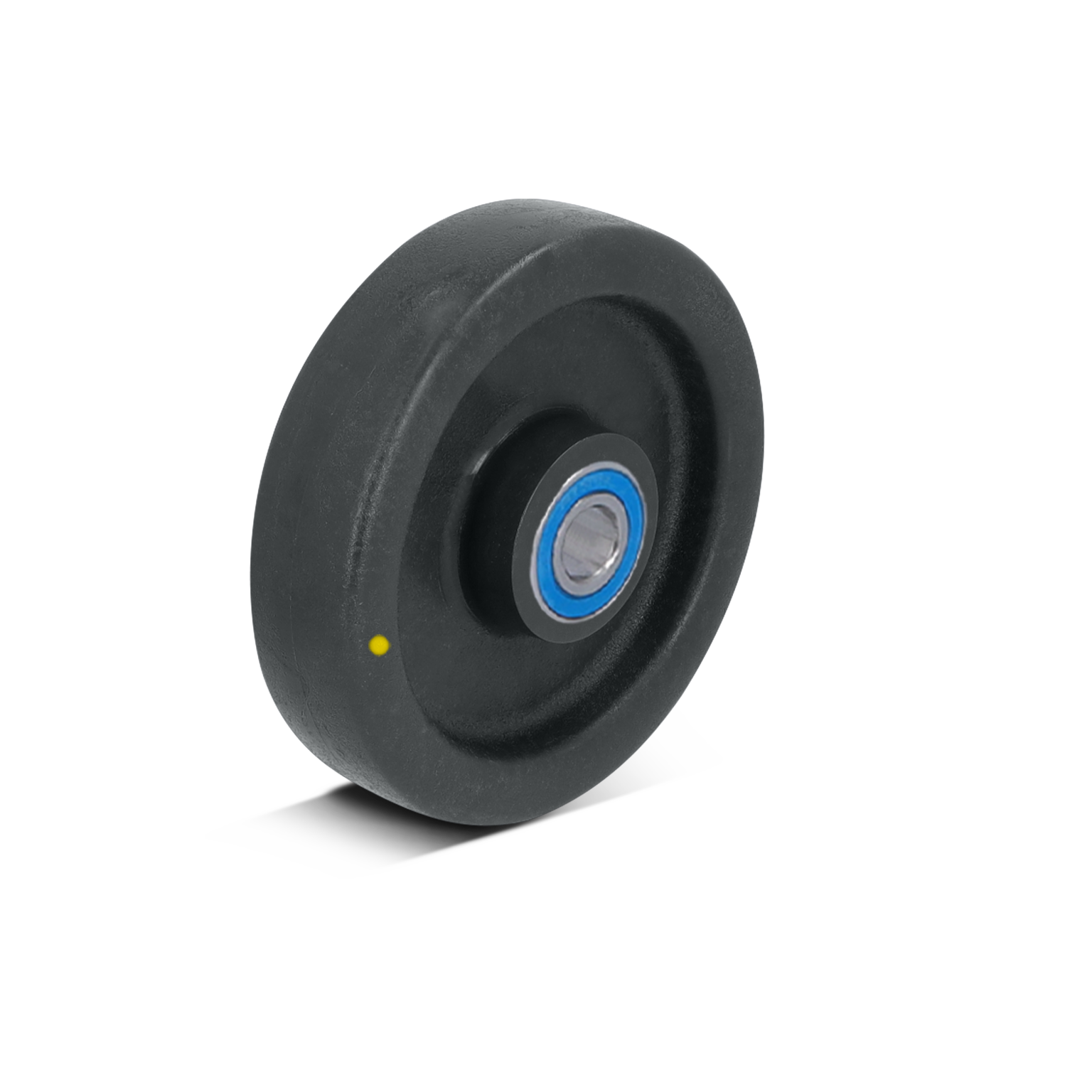 Zwart rubberen wiel met een blauwe lagerring in het midden. Het wiel is rond en gepositioneerd op een witte achtergrond met gekleurde accenten. Het is geschikt voor gebruik in transporttoepassingen.