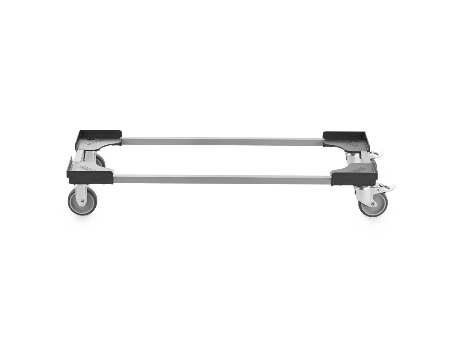 A transport trolley featuring a rectangular metal frame with mounted swivel wheels at each corner. It is positioned horizontally on a plain background, designed for easy maneuverability in logistics.