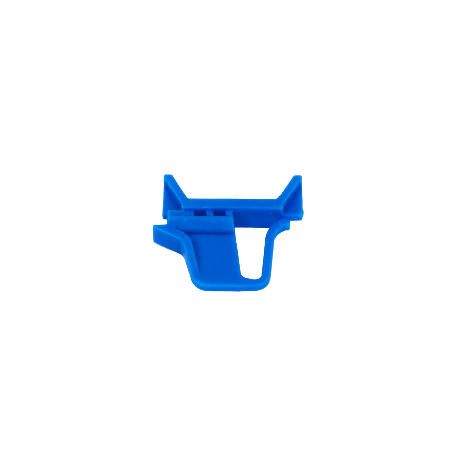 A blue plastic component featuring a designed grip or clip structure, suitable for securing or holding. It displays a smooth finish and is set against a plain black background.