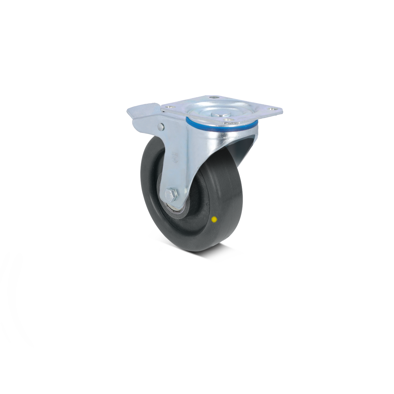 A swivel castor with a black rubber wheel is mounted on a metal plate. The plate features four holes for attachment, and a metal housing allows for rotation.