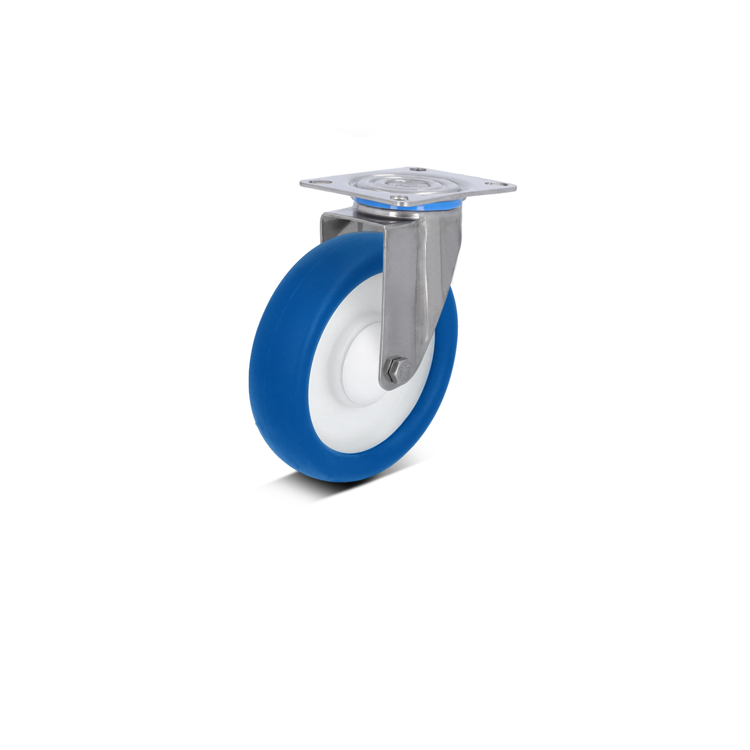 Een industriële kunststof wiel met een blauwe buitenrand en een witte binnenkern. Het wiel is bevestigd aan een metalen platen met bevestigingsgaten, geschikt voor diverse toepassingen in intralogistiek.