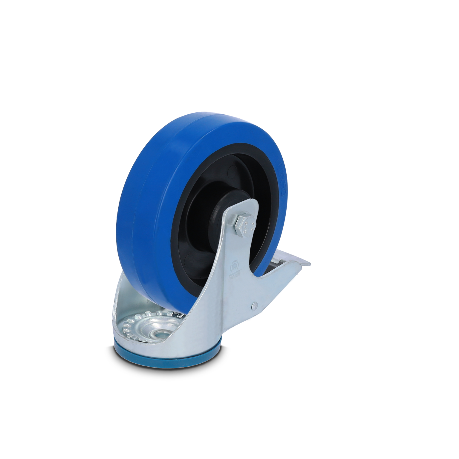 Blauer Rad mit schwarzem Kern, montiert auf einer silbernen Halterung. Der Radkörper scheint robust und langlebig, geeignet für industrielle Anwendungen. Der Hintergrund ist neutral und hebt das Produkt hervor.