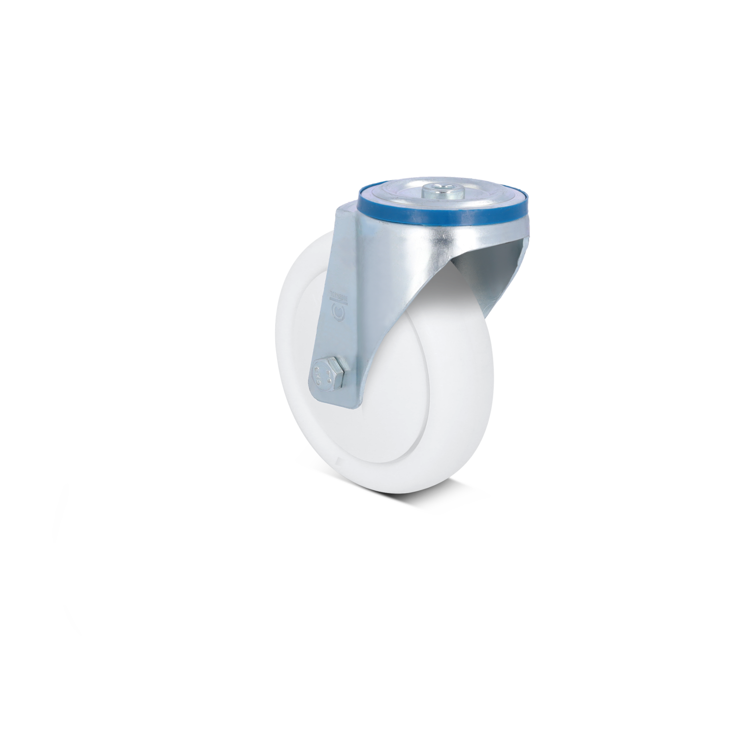 A white industrial wheel mounted on a metallic swivel bracket features a blue accent. It is designed for mobility in material handling contexts, set against a simple background.