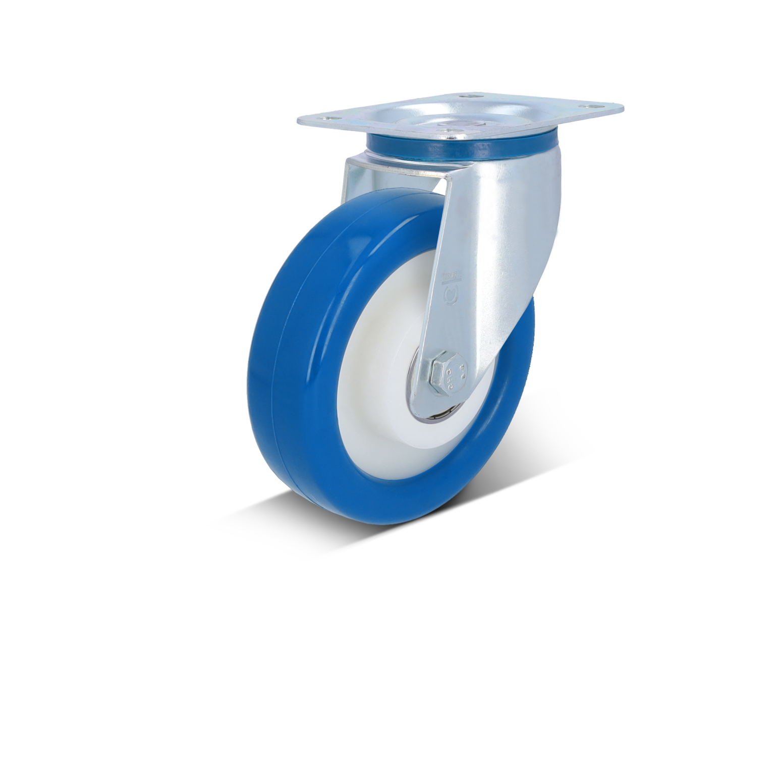 Een bevestigde zwenkwiel met een blauwe rubberen band en een witte binnenkant, met een metalen montageplaat. Het is gepositioneerd op een neutrale achtergrond.