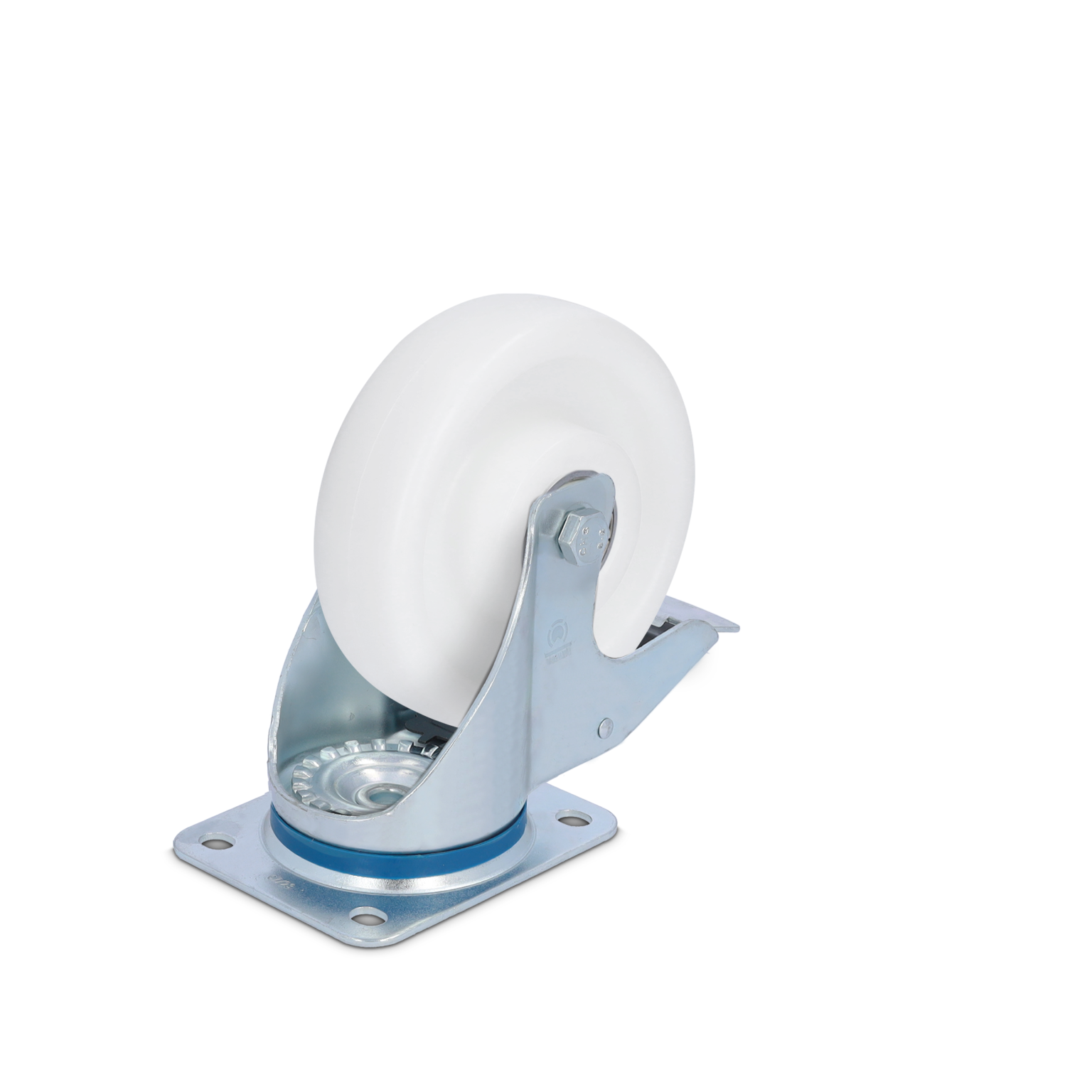 A white industrial wheel is mounted on a metallic swivel bracket, featuring a blue bearing seat and a square base with four mounting holes. The background is blank, emphasizing the component.