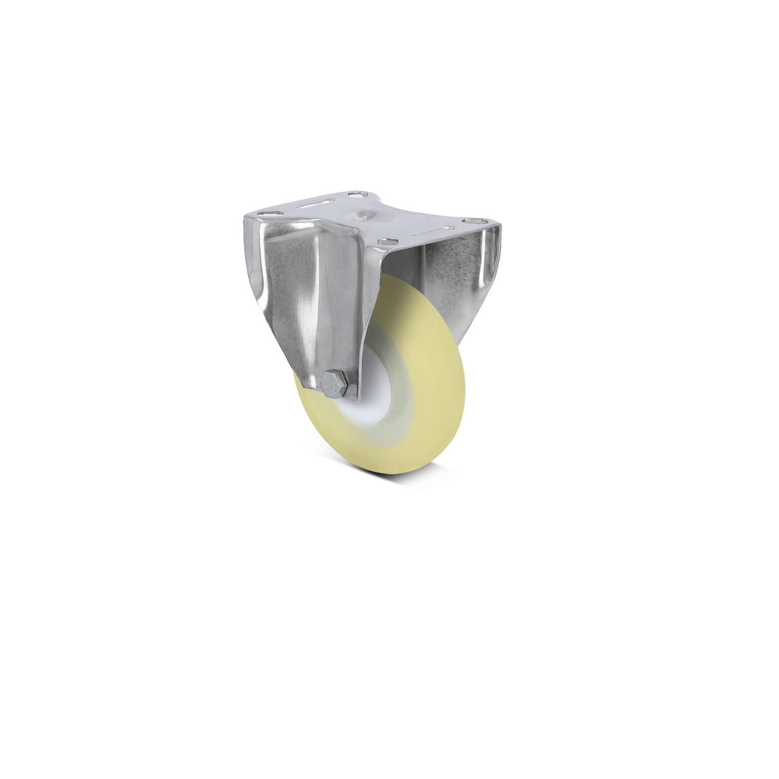 Ein Caster mit einem schwenkbaren Metallgehäuse und einer gelben PU-Rolle. Die Montageplatte hat vier Löcher zur Befestigung. Der Hintergrund ist neutral und unauffällig.