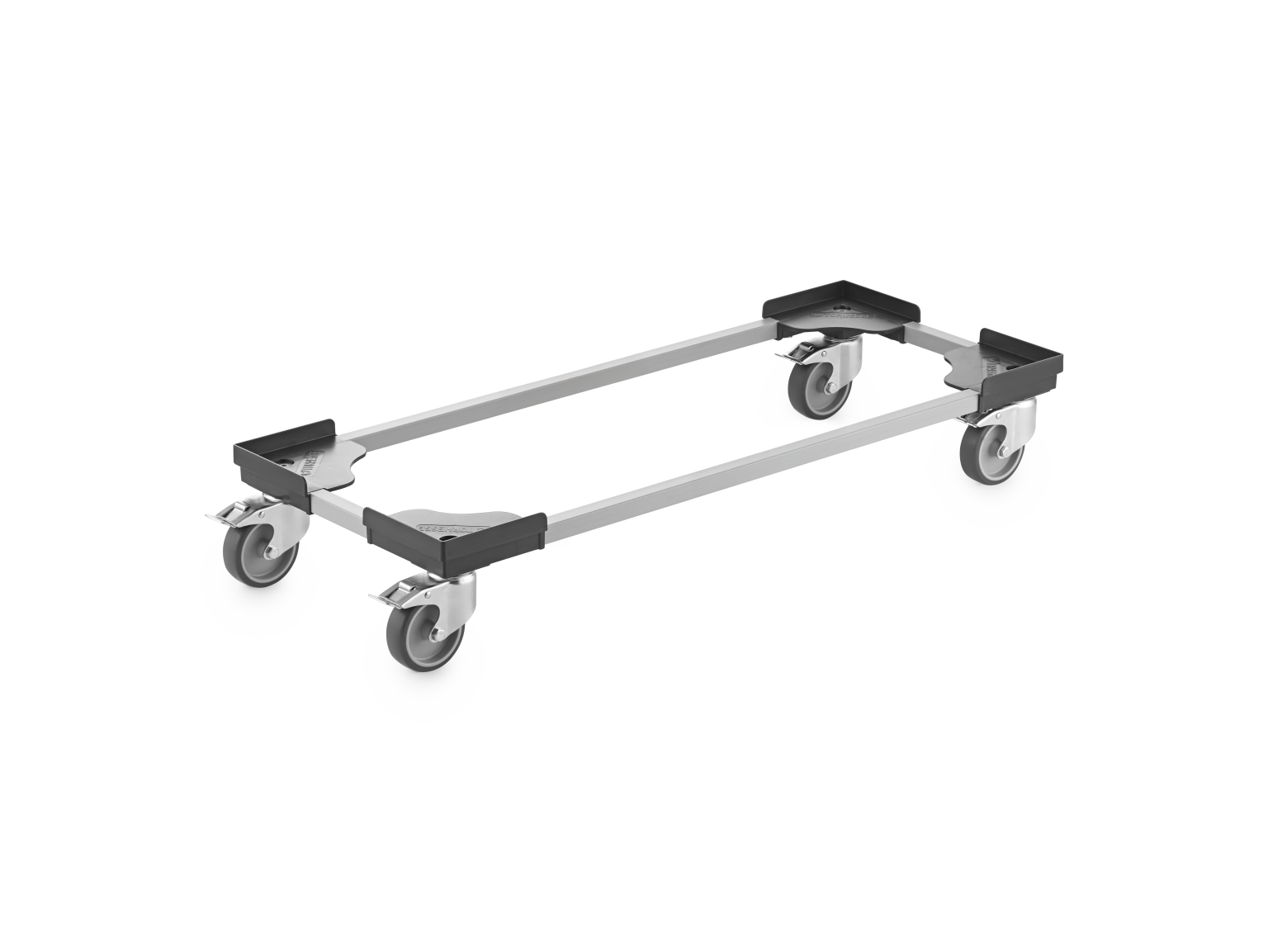 Transport trolley featuring a rectangular frame with four sturdy wheels. The wheels are mounted on black plastic supports, allowing for mobility in an industrial context. The frame appears lightweight, constructed for handling various loads.