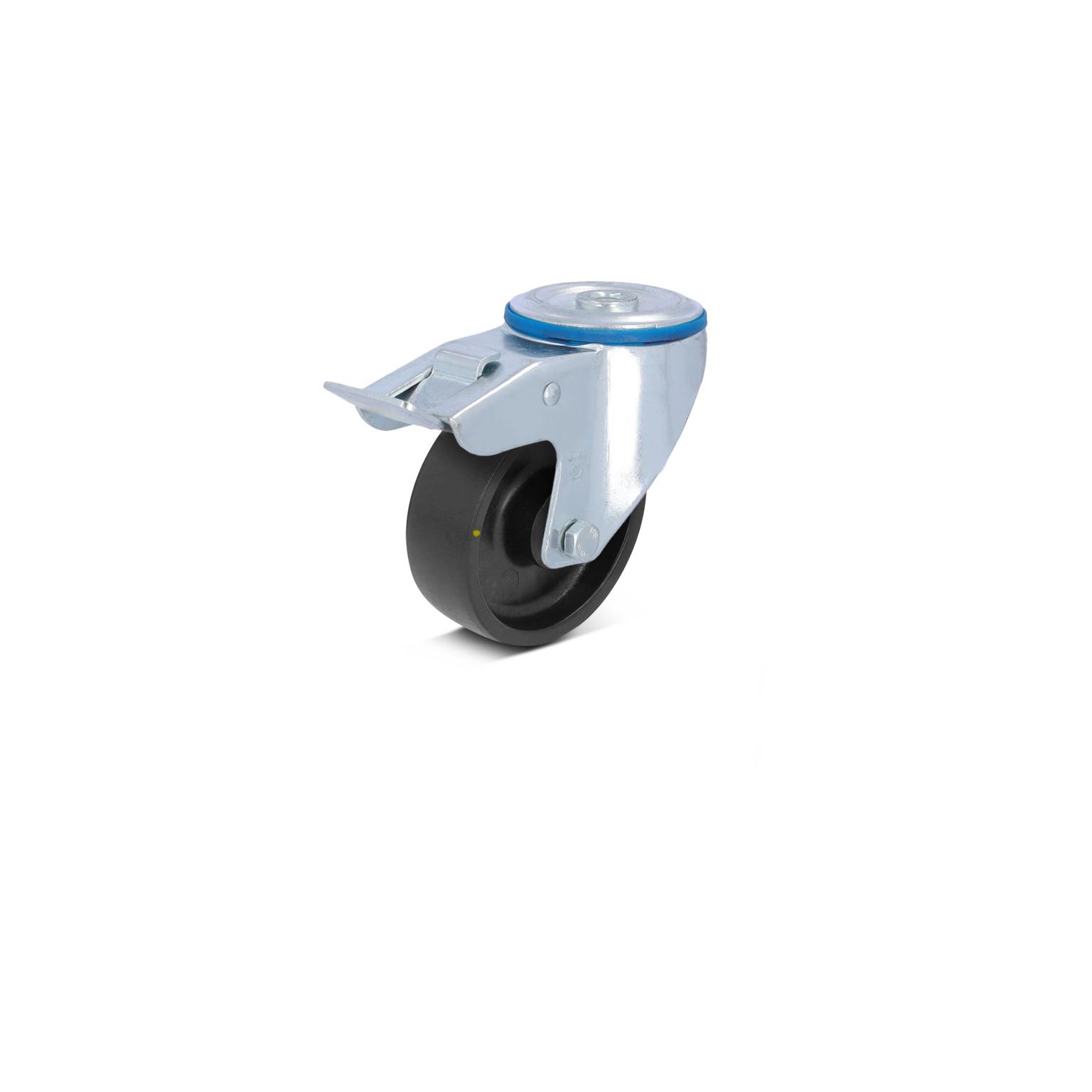 Zwenkwiel met een zwarte rubberen band en een metalen behuizing. Het heeft een montageschijf aan de bovenkant en een remmechanisme aan de zijkant. Achtergrond is neutraal.