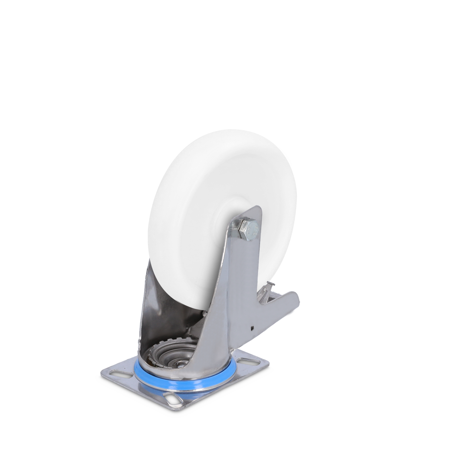 A stainless steel swivel castor features a large white wheel, with a blue rubber ring at the base. It is mounted on a square plate, designed for mobility in industrial applications.