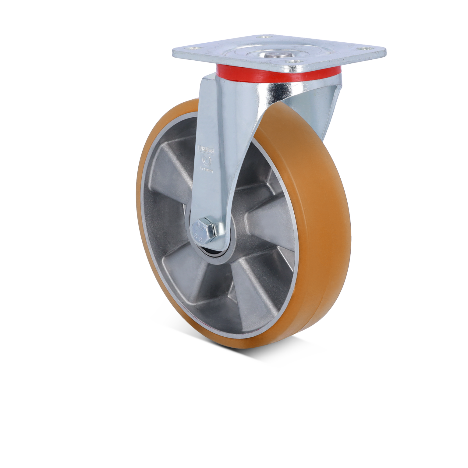 A swivel castor features a grey metal mounting plate and a durable orange rubber wheel. It is designed for mobility and is positioned to provide easy movement in various settings.