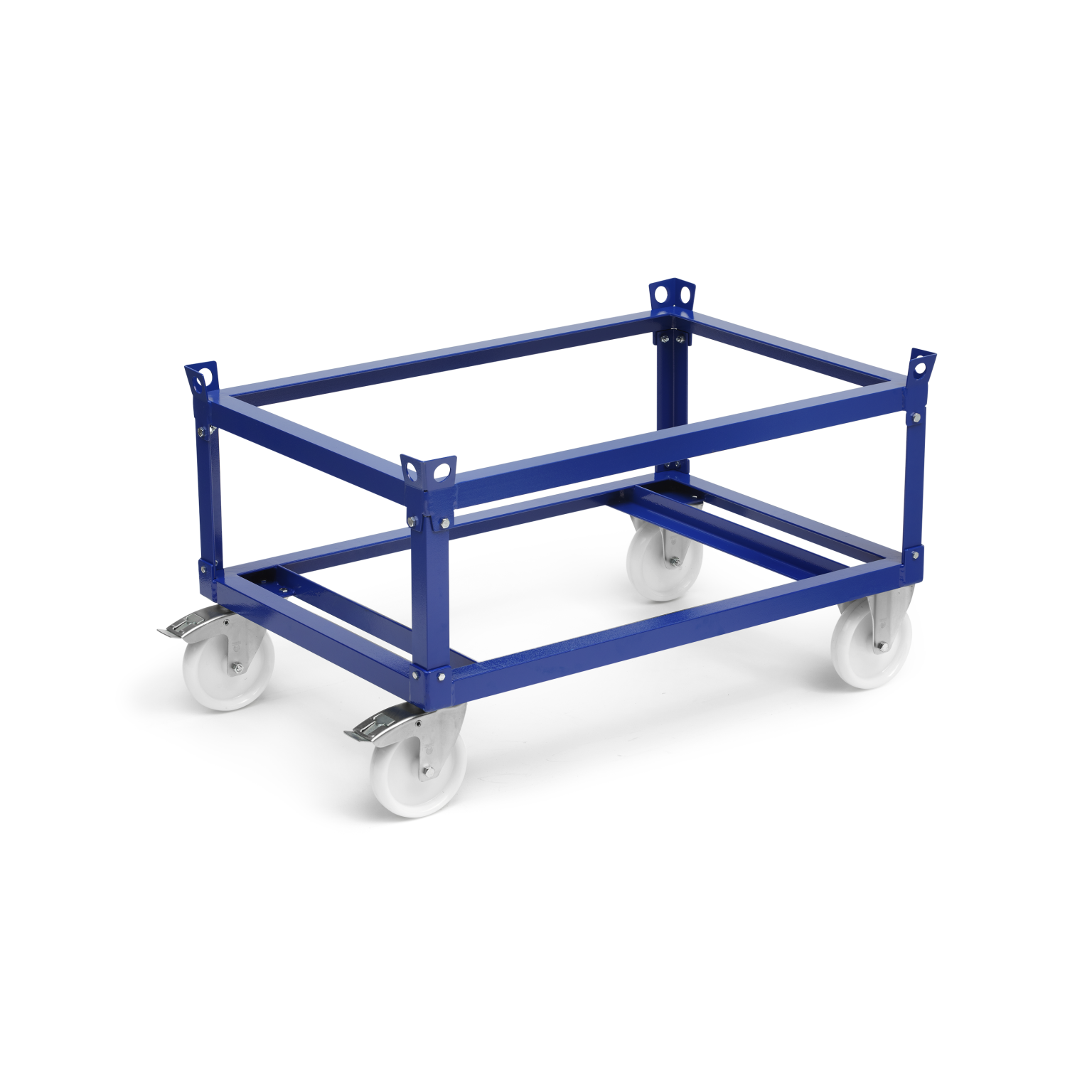 Metal transport trolley with a blue frame and four attached white wheels. The trolley is constructed with an open rectangular structure, designed for moving items efficiently in an industrial setting.