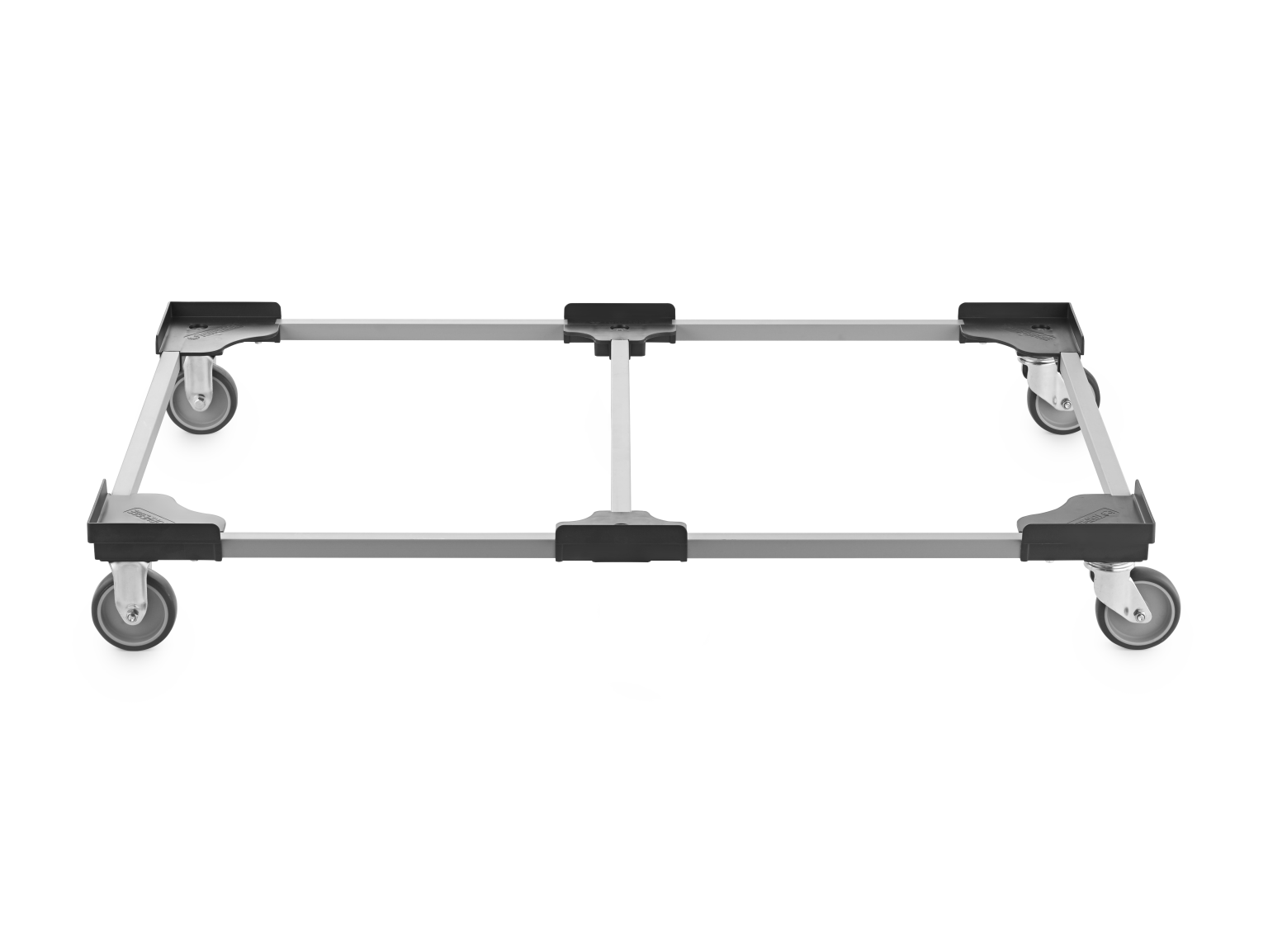 Transport trolley featuring a rectangular metal frame with four swivel wheels. The frame has rubber corner bumpers for protection. It is positioned on a neutral background.