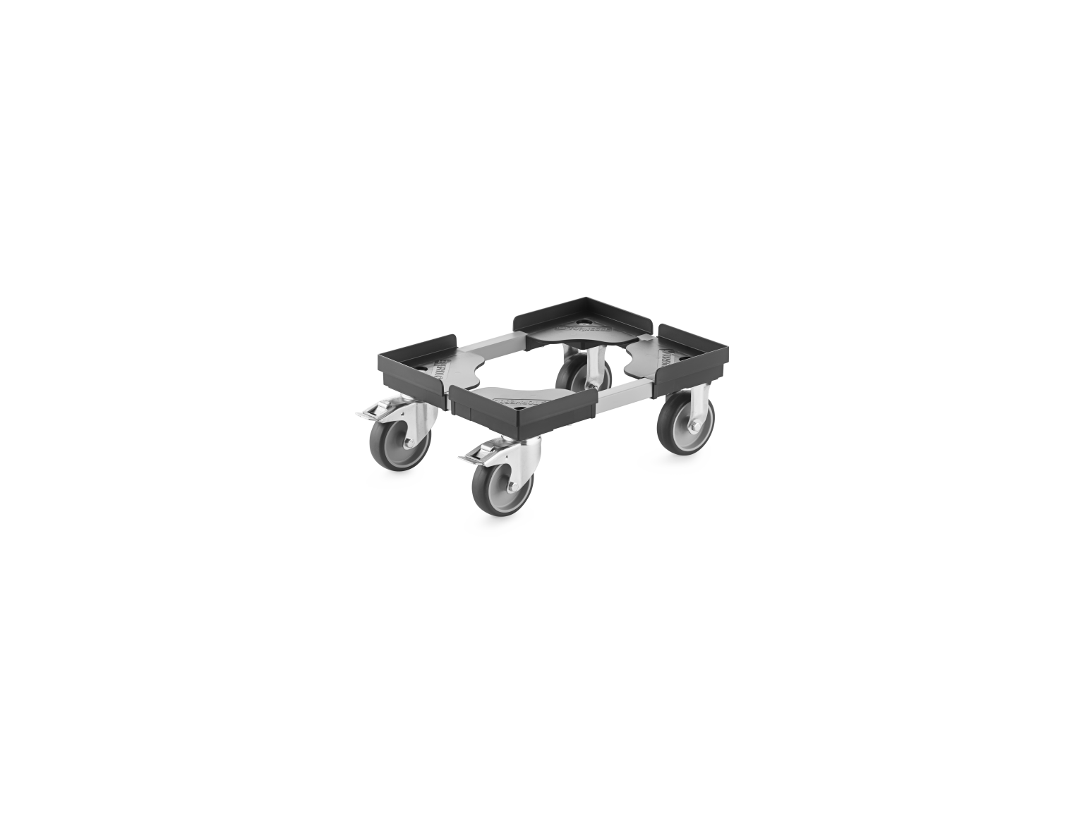 A transport trolley featuring a rectangular metal frame with four swivel castors. The castors are designed for mobility in industrial settings, providing a sturdy base for transporting materials.