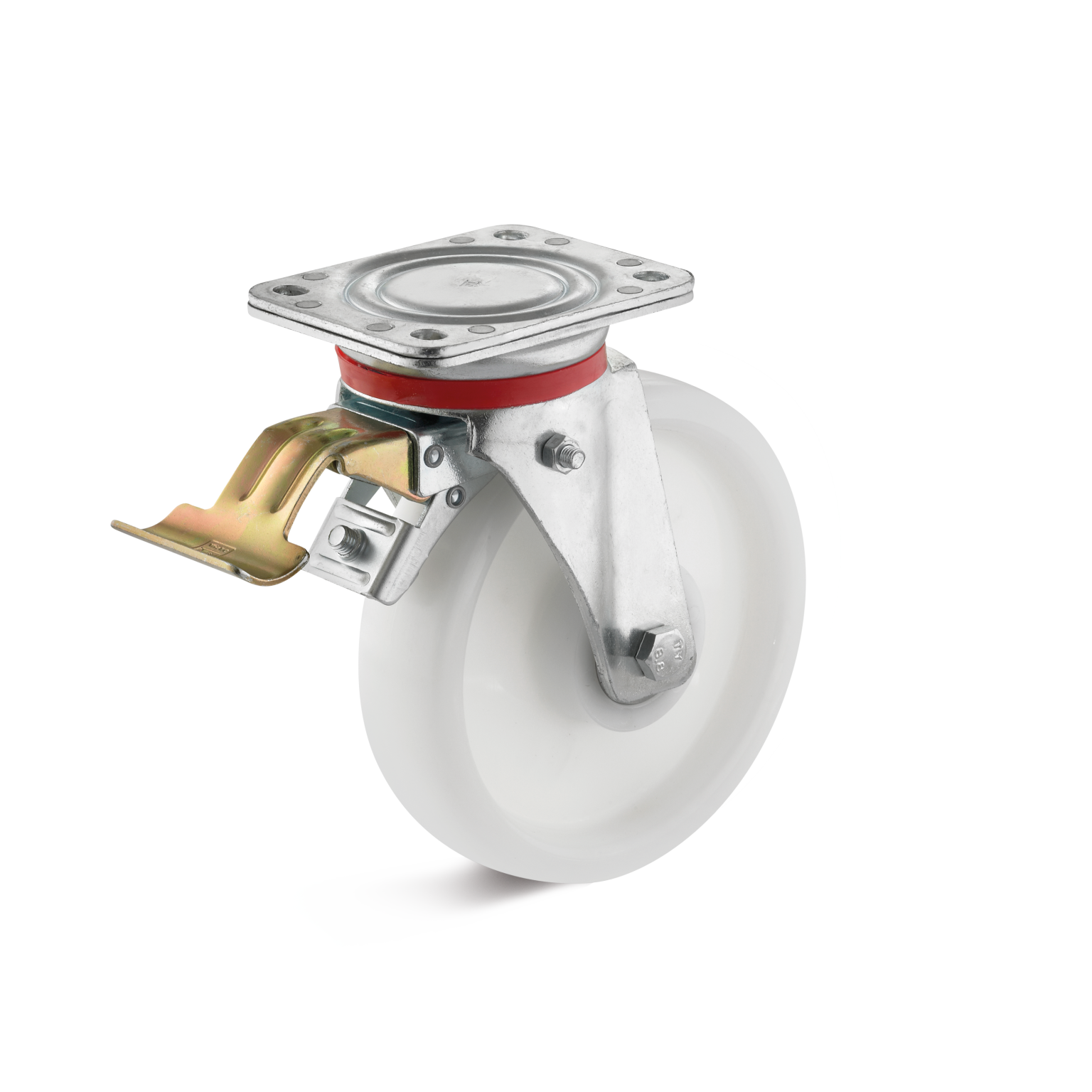 Wiel met een metalen montageplaat en een vergrendelingsmechanisme. Het wiel is gemaakt van wit kunststof en heeft een rode rubberen ring. De achtergrond is eenvoudig zwart.