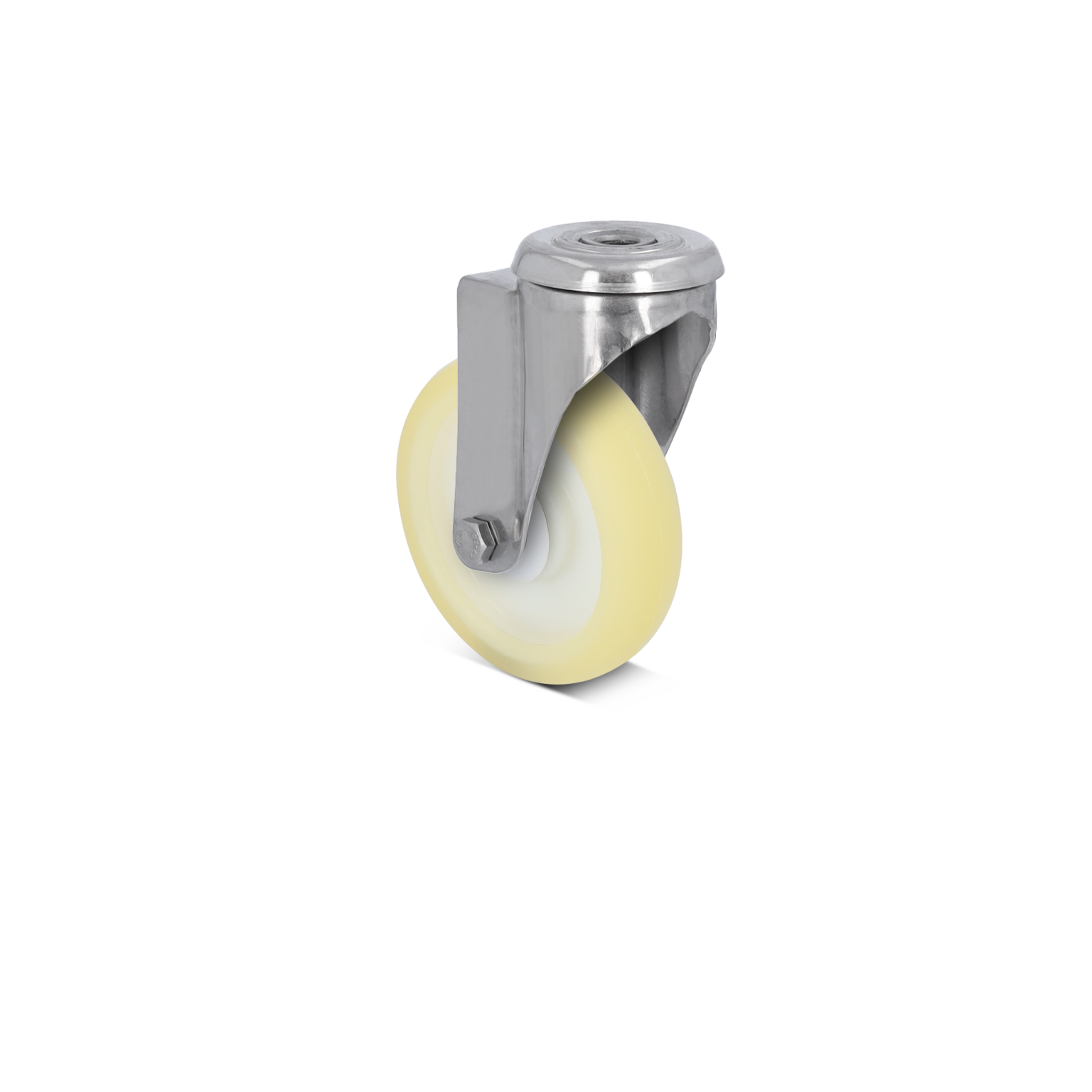 Gummirollen mit einem metallenen Halter, der eine glatte, gelbe Rolle zeigt. Die Rolle ist für Einsatz in Materialhandling und Intralogistik konzipiert und steht auf einem weißen Hintergrund.
