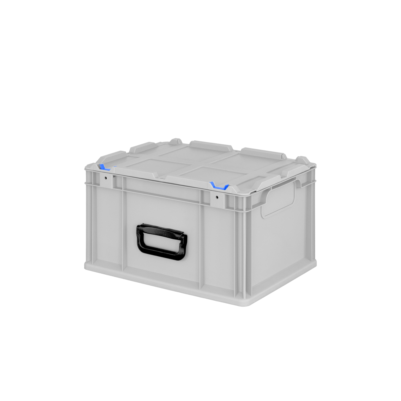 Gray storage box with a black handle, featuring a solid top surface and blue accents. It is designed for organizational use and is positioned against a plain backdrop.