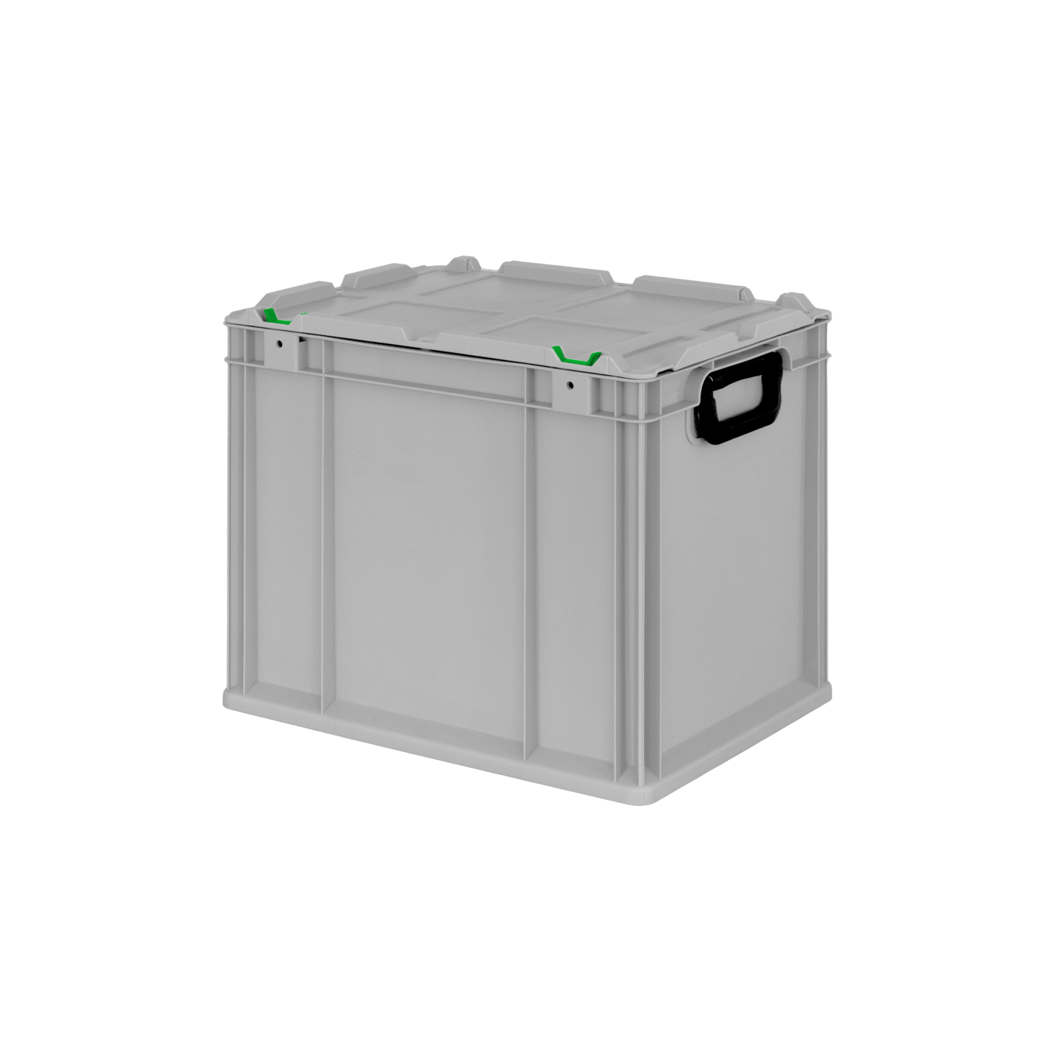 Graue Transportbox mit einem stabilen Deckel und zwei seitlichen Griffen. Sie zeigt grüne Befestigungselemente an der Oberseite. Die Box steht auf einem neutralen, leicht strukturierten Hintergrund.