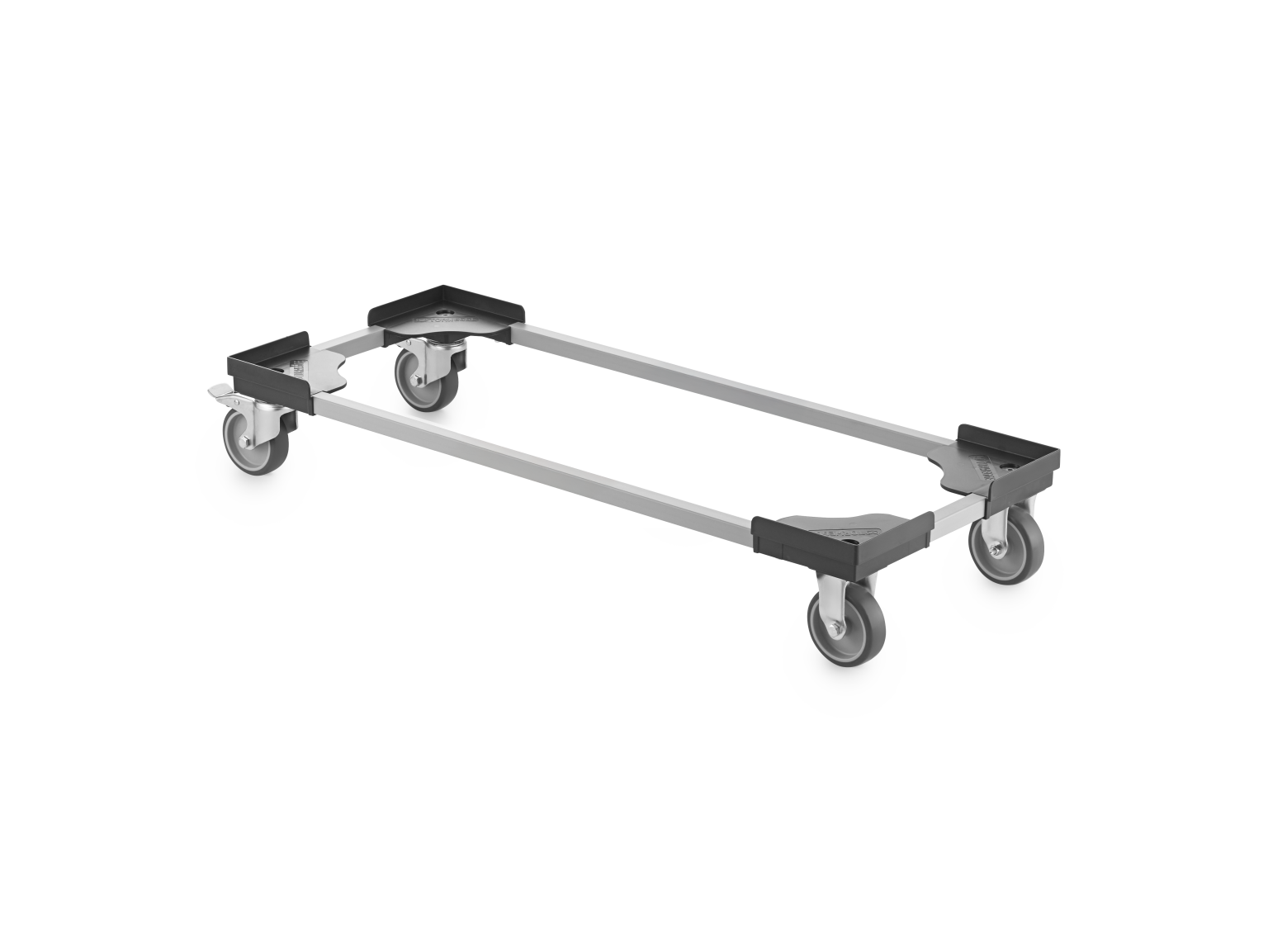 A transport trolley is designed with a rectangular frame and four swivel castors at each corner, featuring a sturdy metallic structure that supports movement in industrial settings.
