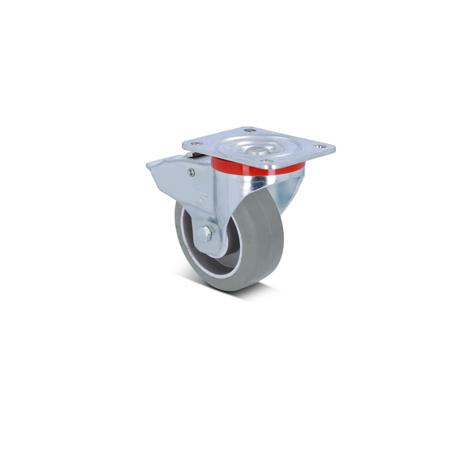 Ein grauer Rad mit einer Metallschwenkvorrichtung, ausgestattet mit einer roten Gummiband, das in einer vertikalen Position präsentiert wird. Der Hintergrund ist einheitlich schwarz.
