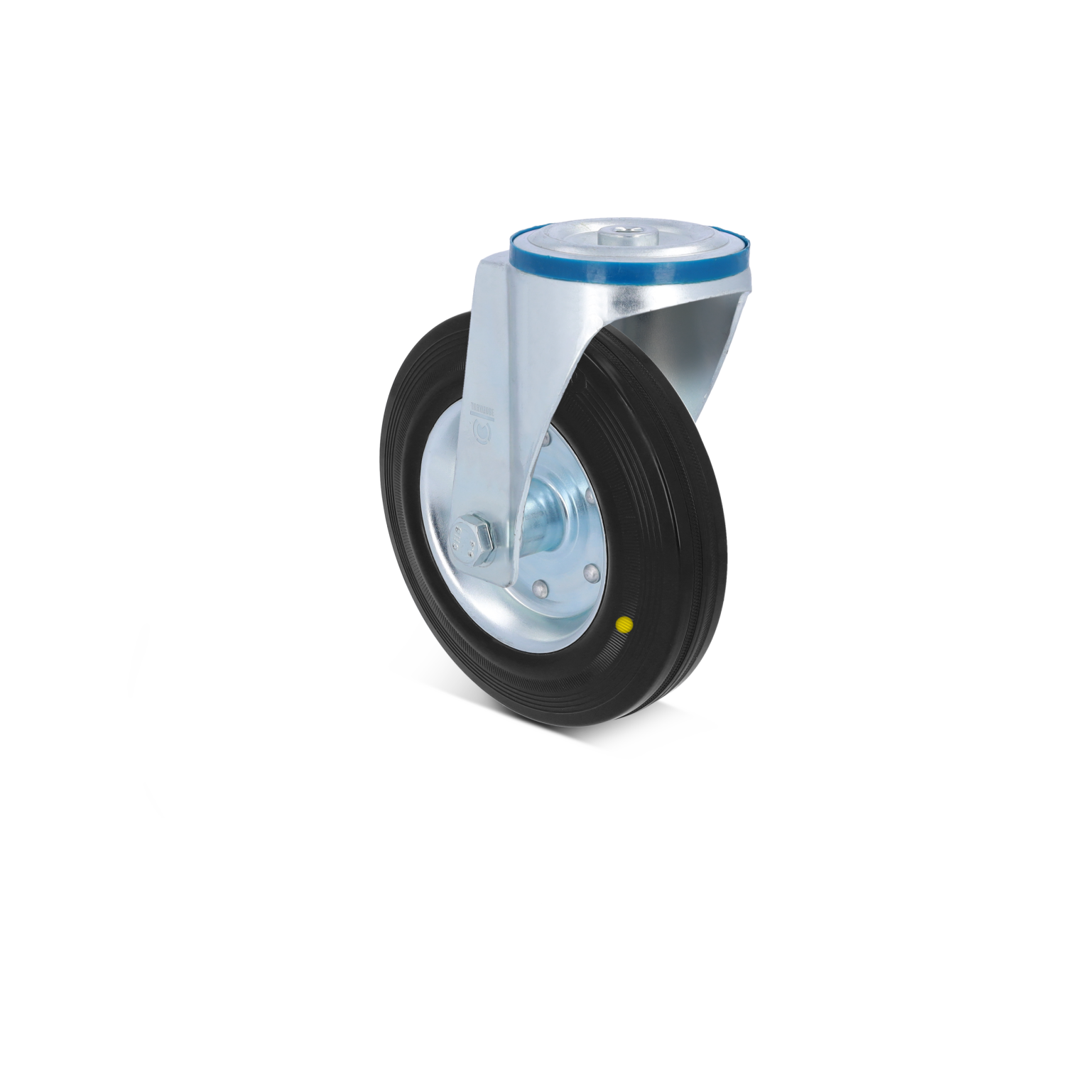 A heavy-duty industrial wheel with a black rubber tire and a metallic silver mounting bracket. It is designed for durability, showcased against a neutral background for emphasis on its structure and features.