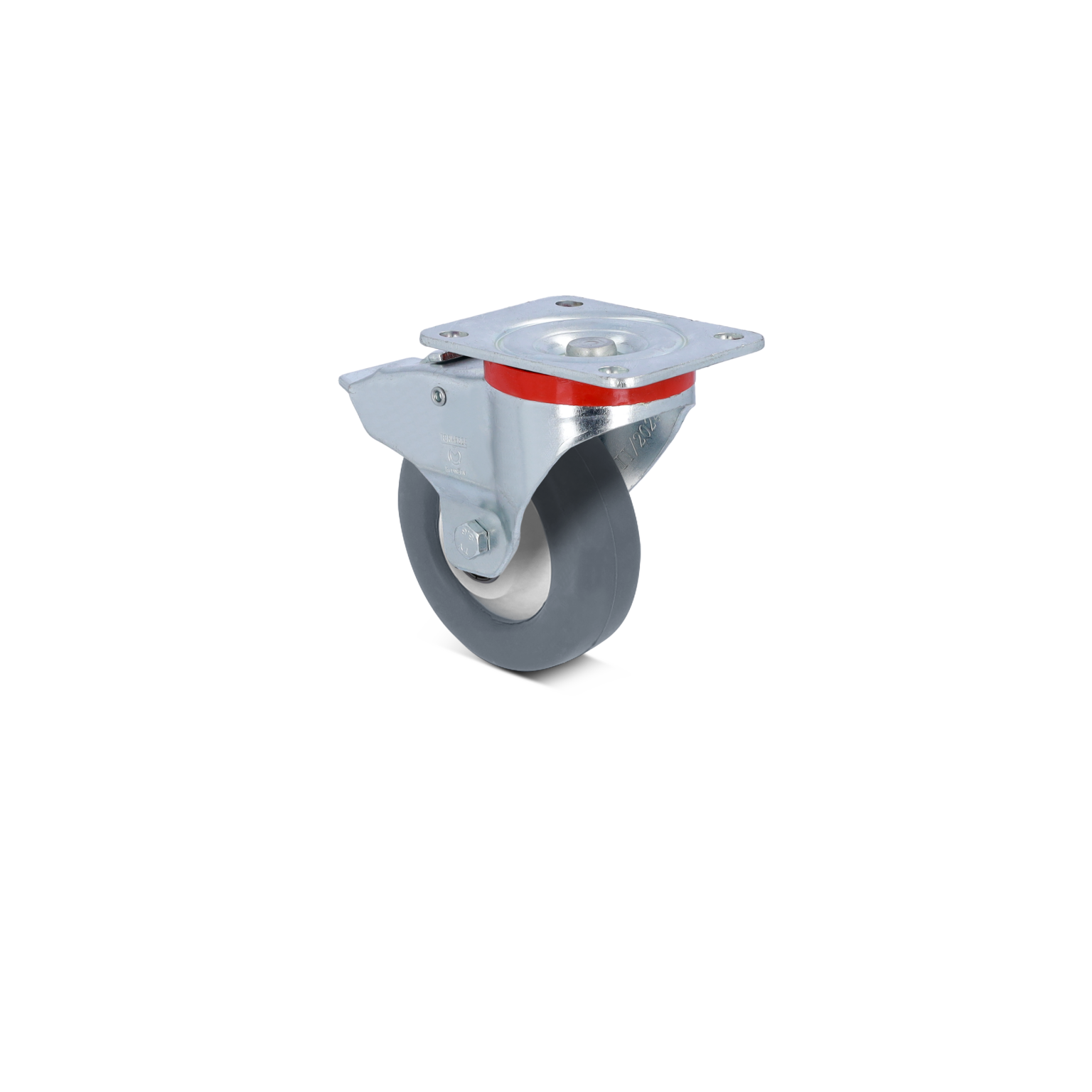 A gray rubber castor wheel with a metal mounting plate. The wheel features a protective red ring at its top and is designed for industrial applications, positioned against a simple background.