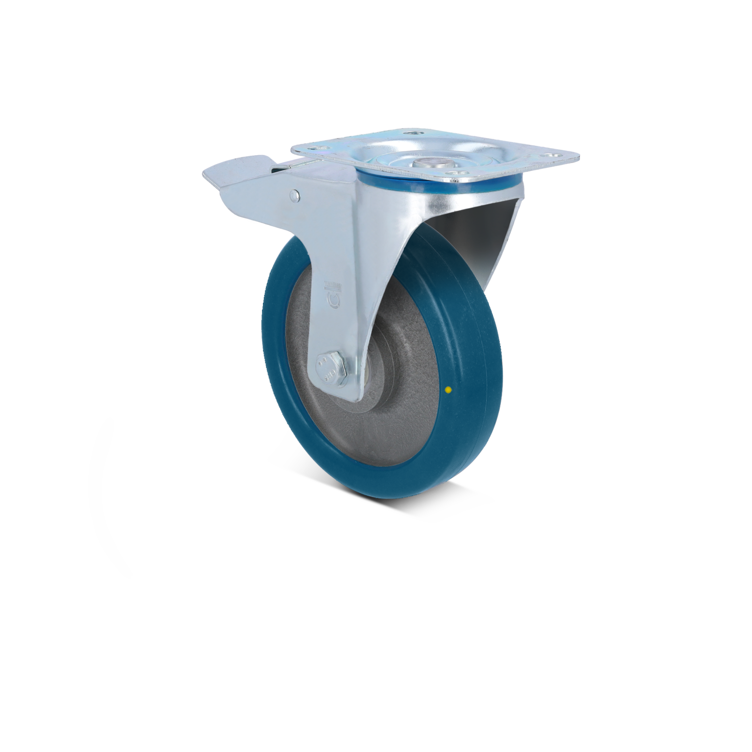 A blue industrial wheel with a silver mounting plate is positioned at an angle. It features a sturdy design, suitable for material handling applications, and includes a visible brake mechanism.