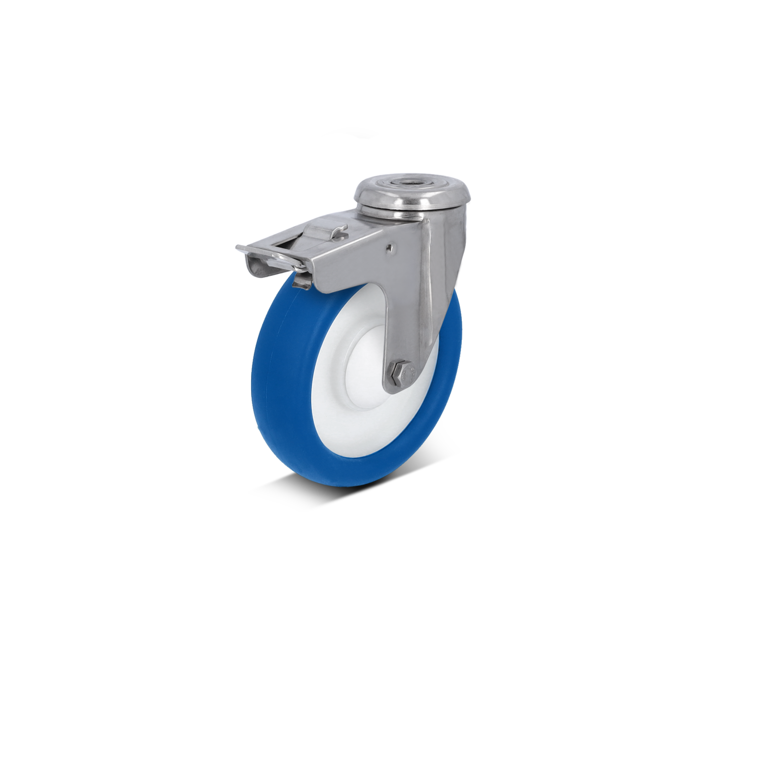 Zwenkwiel met een blauwe rubberen band en een witte binnenrand, bevestigd aan een roestvrijstalen houder. Het wiel staat rechtop voor een neutrale, lege achtergrond.