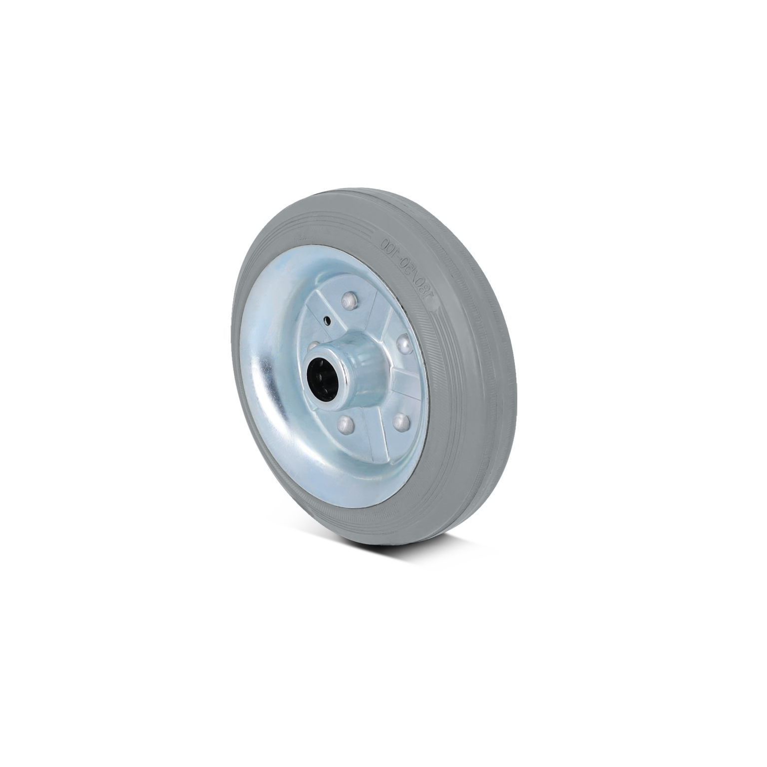 Rubber wiel met een metalen velg. Het heeft een gladde, grijze rubberen band en een zilveren, gelakte binnenkant met zes bevestigingsgaten. De achtergrond is minimaal en onscherp.