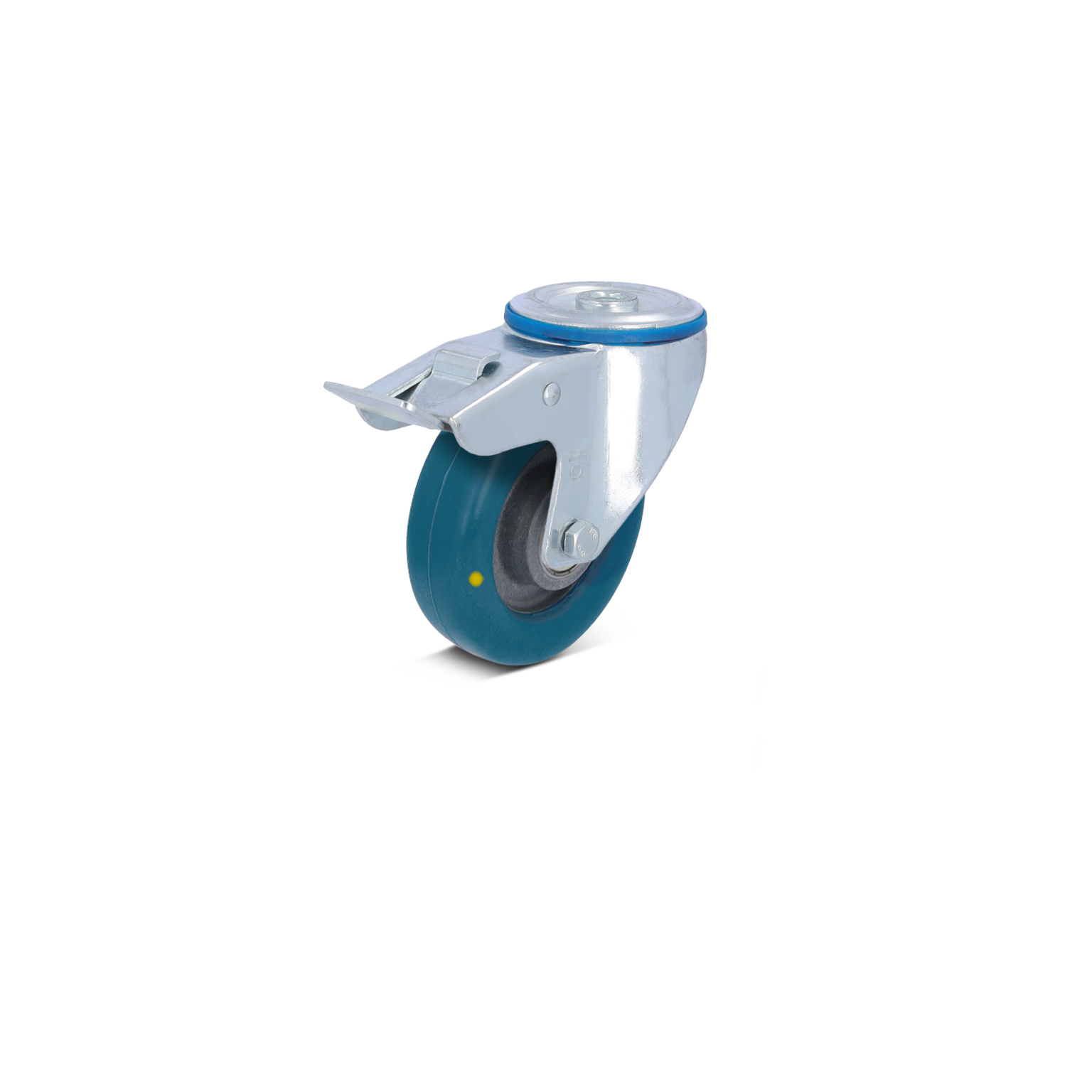 Kogel van een industrieel wiel met een blauw rubberen loopvlak en een metalen bevestigingsplaat. Het wiel is gepositioneerd voor gebruik in logistieke toepassingen.