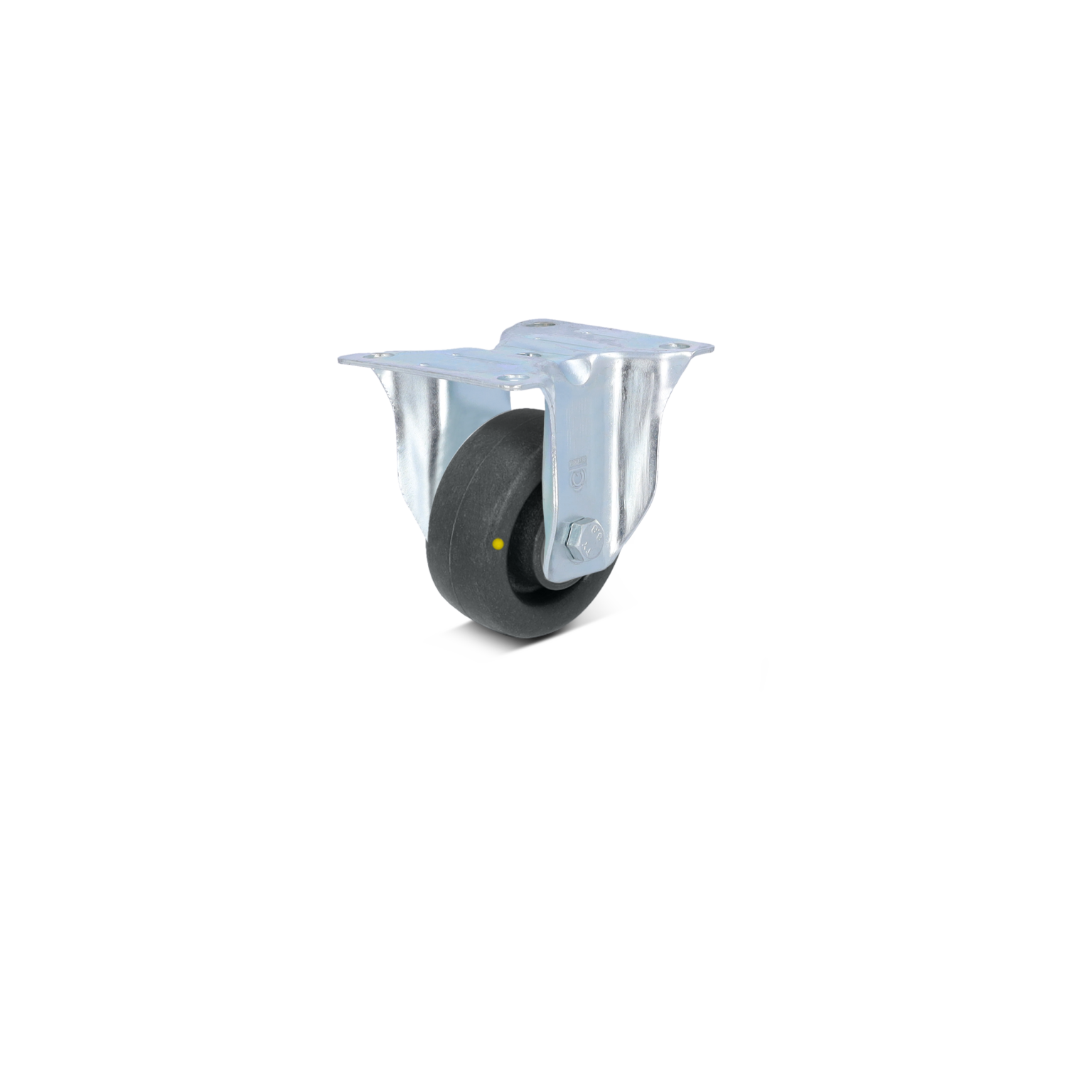 Zwenkwiel met een zwarte rubberen band en een metalen montageplaat. Het wiel is bevestigd met een bout en heeft een gele stip op de zijkant. Achtergrond is leeg en eenvoudig.