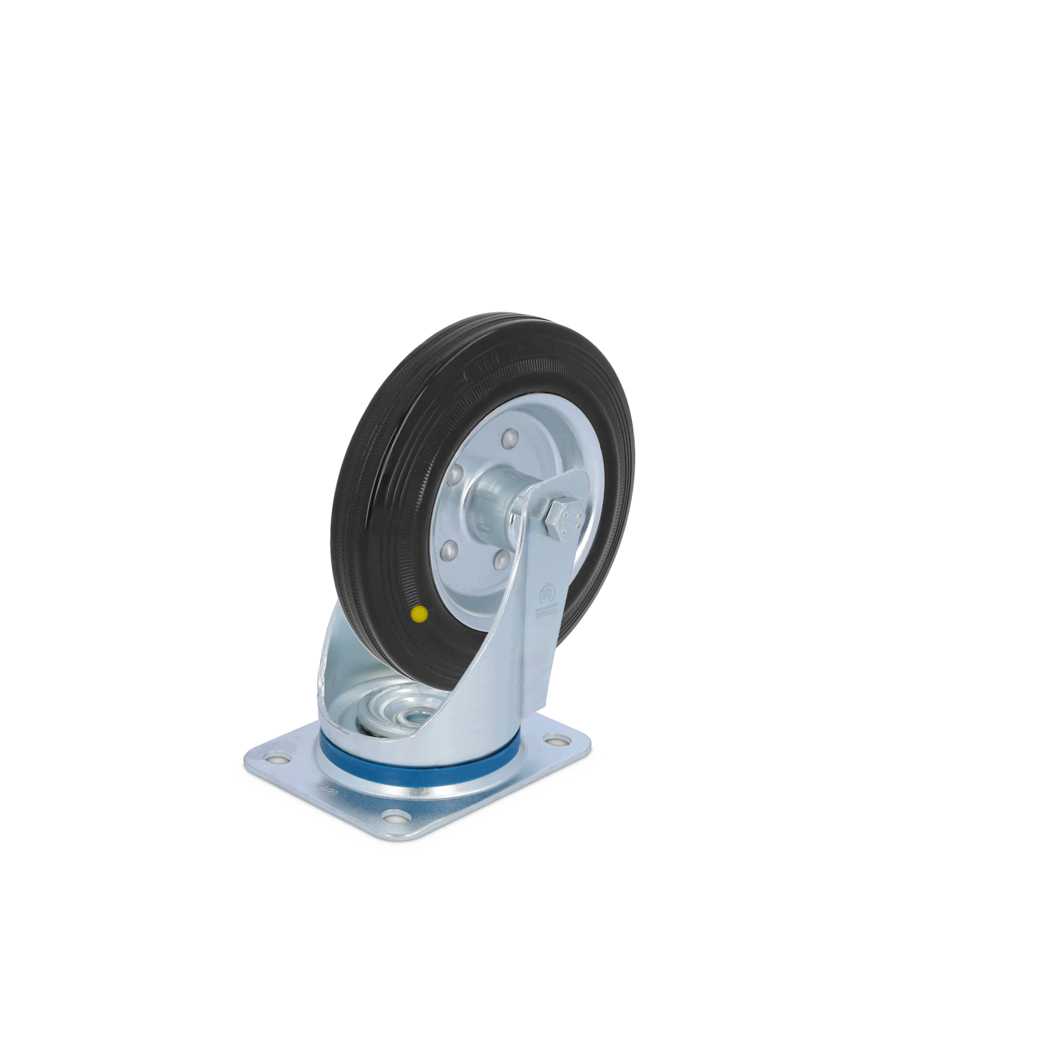 A black rubber wheel is mounted on a shiny, metal swivel bracket with a blue ring. The bracket features a square base with multiple screw holes for secure attachment.