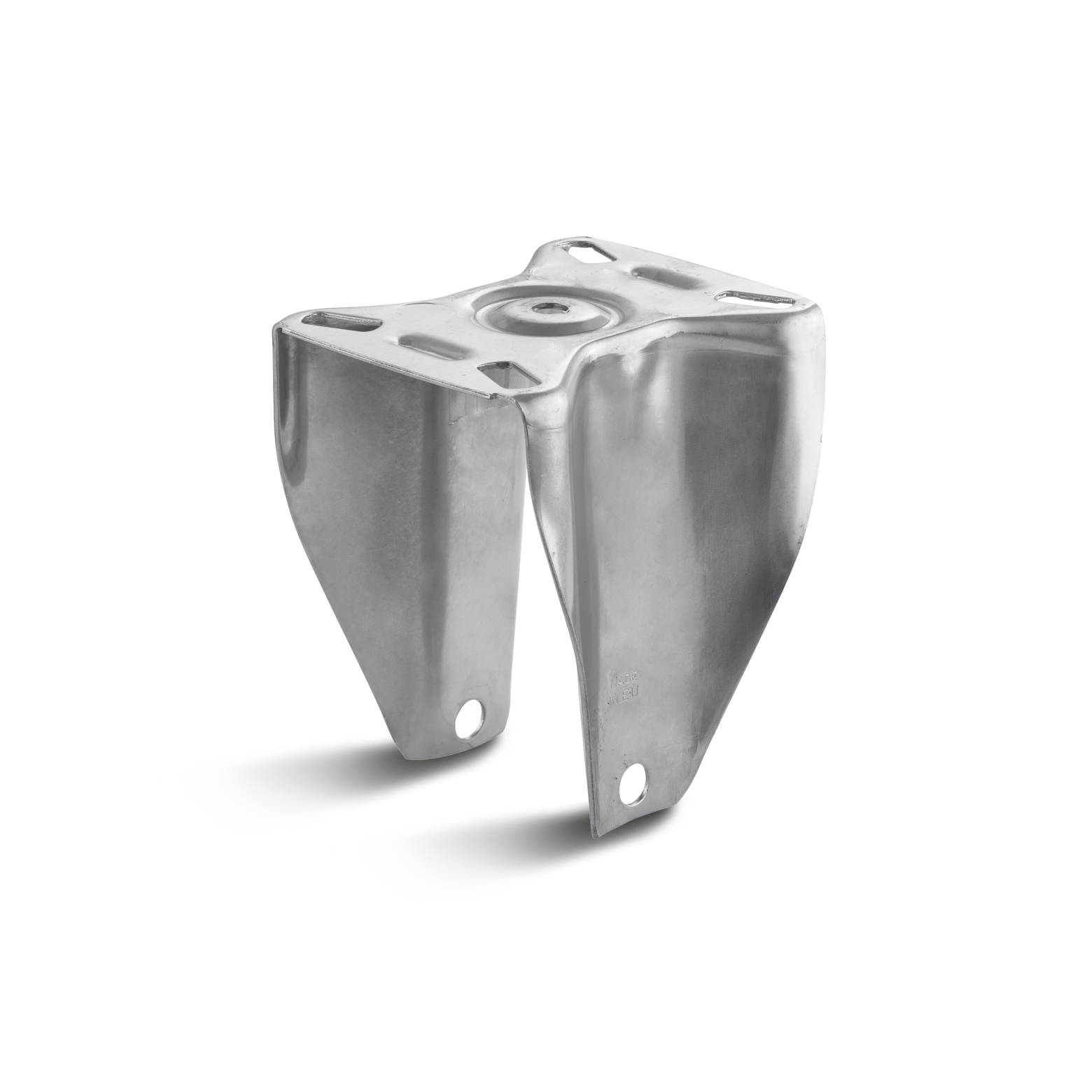 A metallic mounting plate is displayed, featuring a flat surface with two side flanges. It includes multiple holes for attachment, designed for securing wheels or castors in an industrial setting.