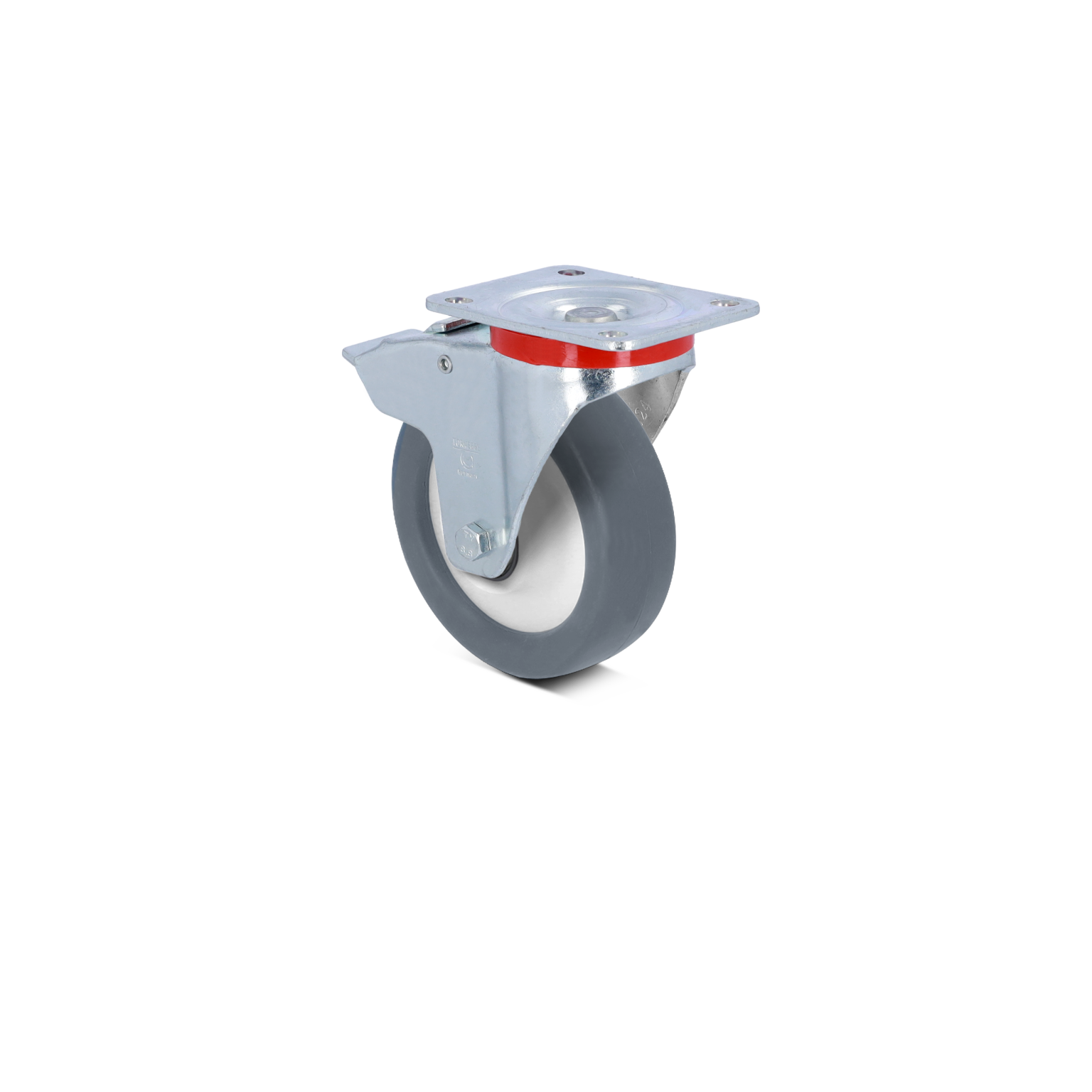 A grey rubber wheel with a white inner rim is mounted on a silver metal plate, featuring a sturdy bracket for attachment. The wheel is positioned upright against a blank background, suitable for various transport applications.