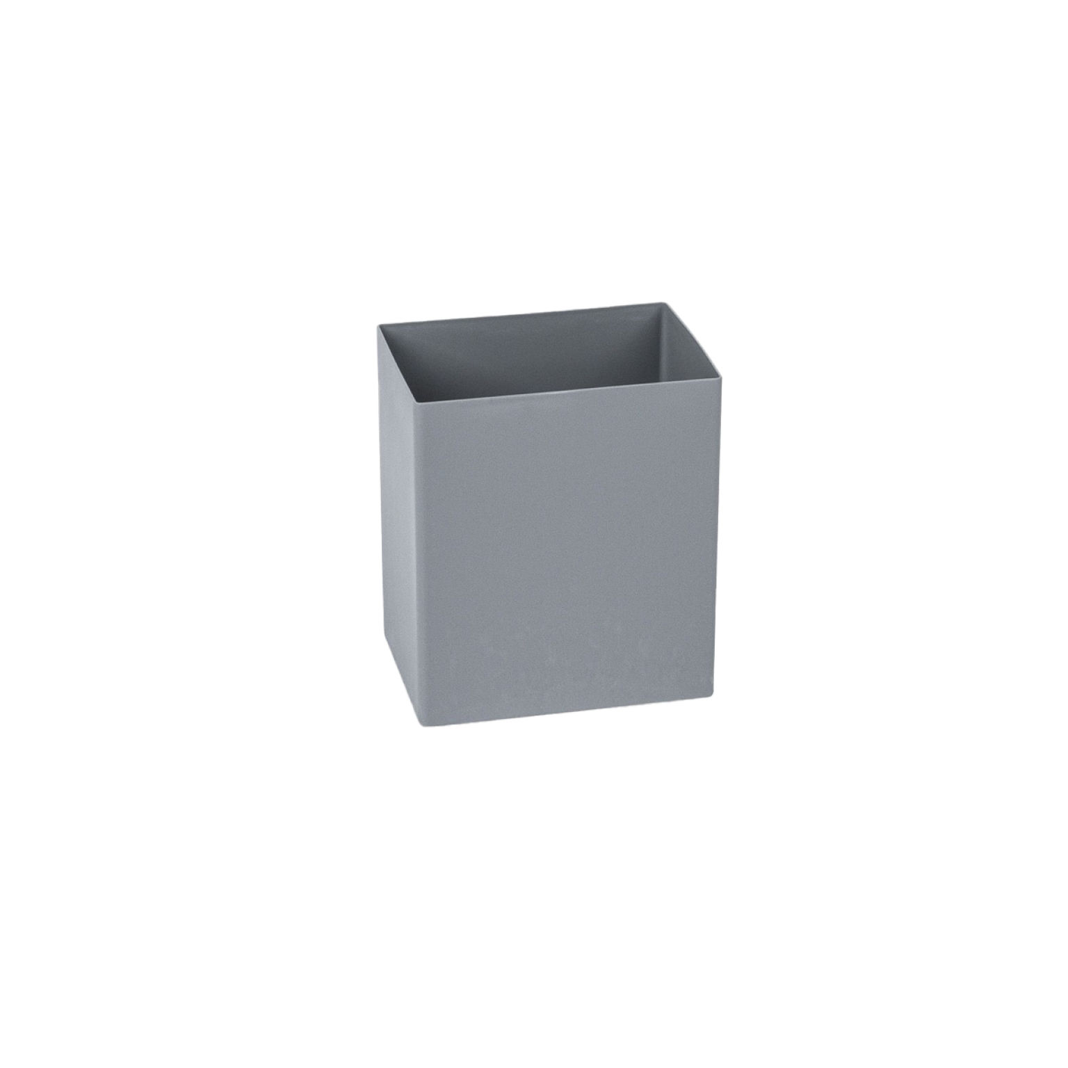 A square, gray storage box is positioned upright. It features smooth, even sides and a minimalist design, suitable for organizing various items in an industrial or office setting.