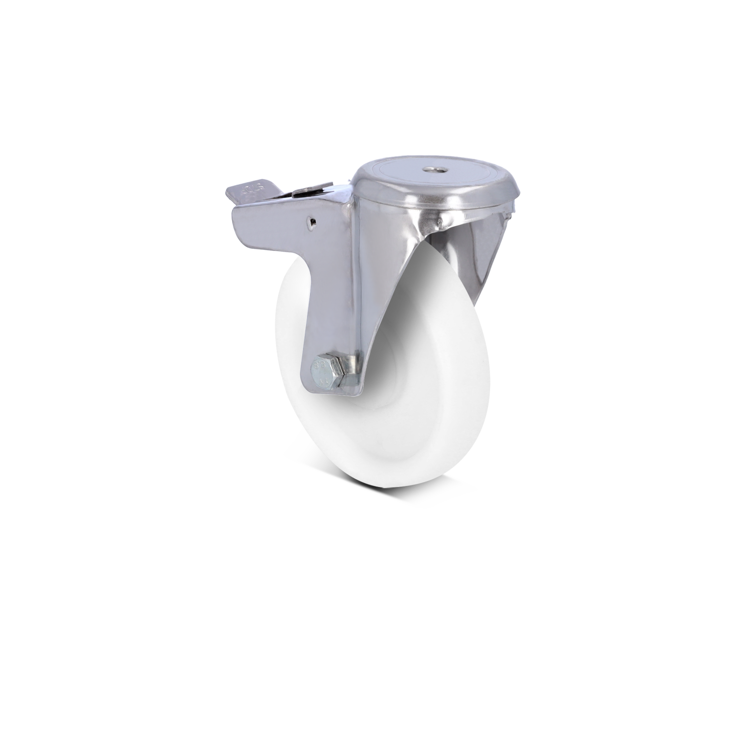 A swivel caster with a shiny metal frame supports a large, white wheel. The mounting plate features a bolt for attachment, emphasizing durability and functionality for industrial applications.