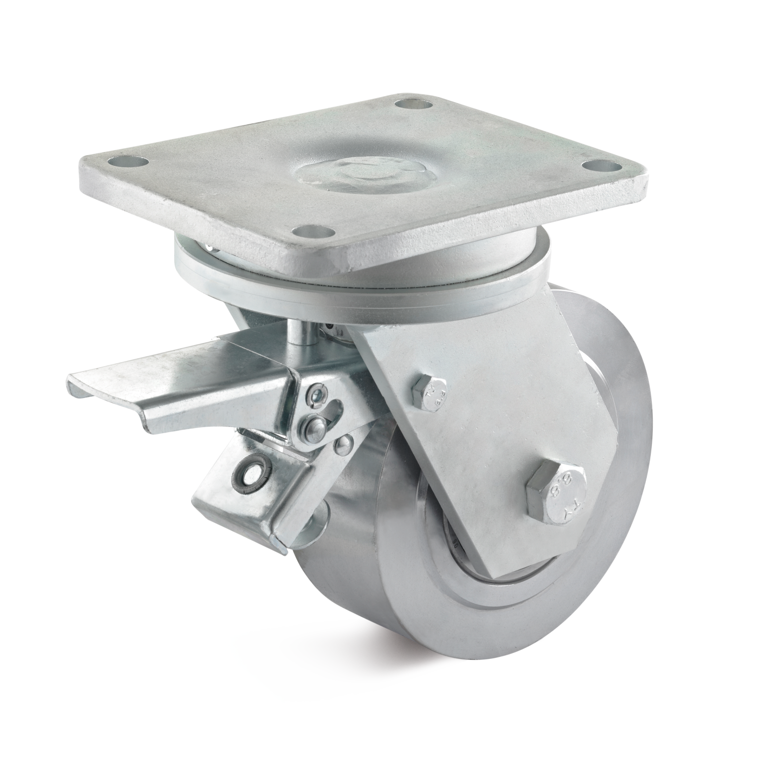 A metal swivel castor features a flat mounting plate, sturdy wheel, and adjustable brake. Its polished surface reflects light, positioned against a plain black background, emphasizing its industrial design.