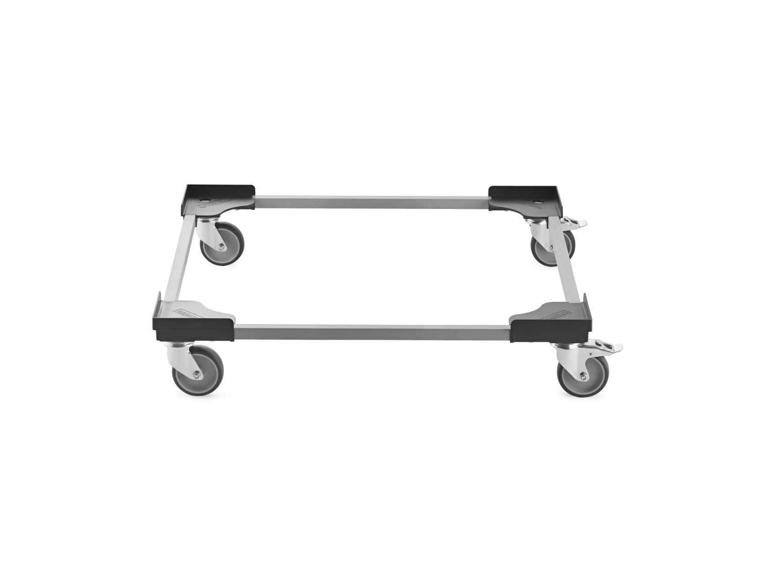 A transport trolley frame with four swivel castors for mobility. The frame is rectangular, featuring black plastic corners and a metallic base. The background is plain, highlighting the trolley.