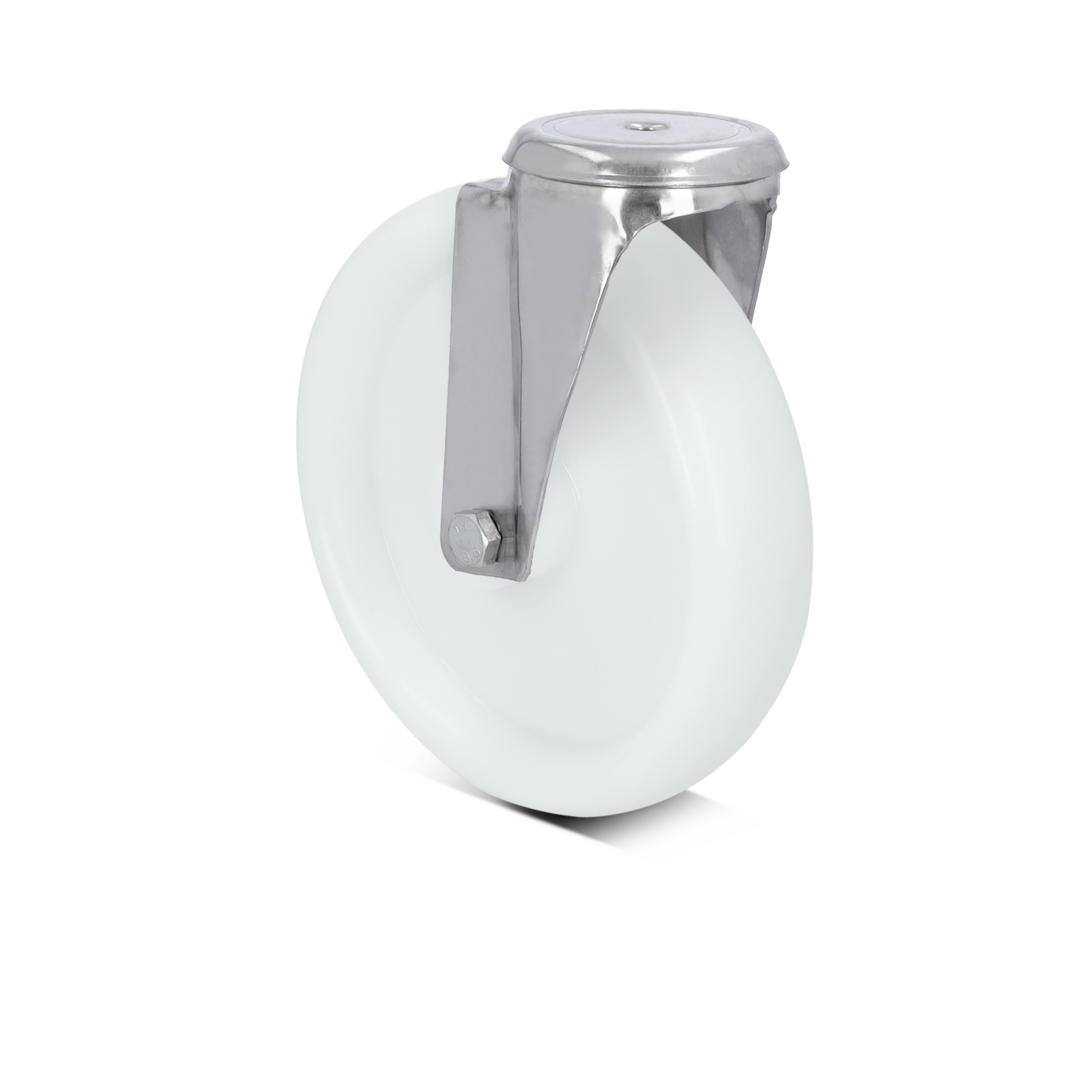 A white industrial wheel is mounted on a shiny metal bracket with a bolt. The wheel appears smooth and sturdy, designed for material handling applications in a warehouse or factory setting.