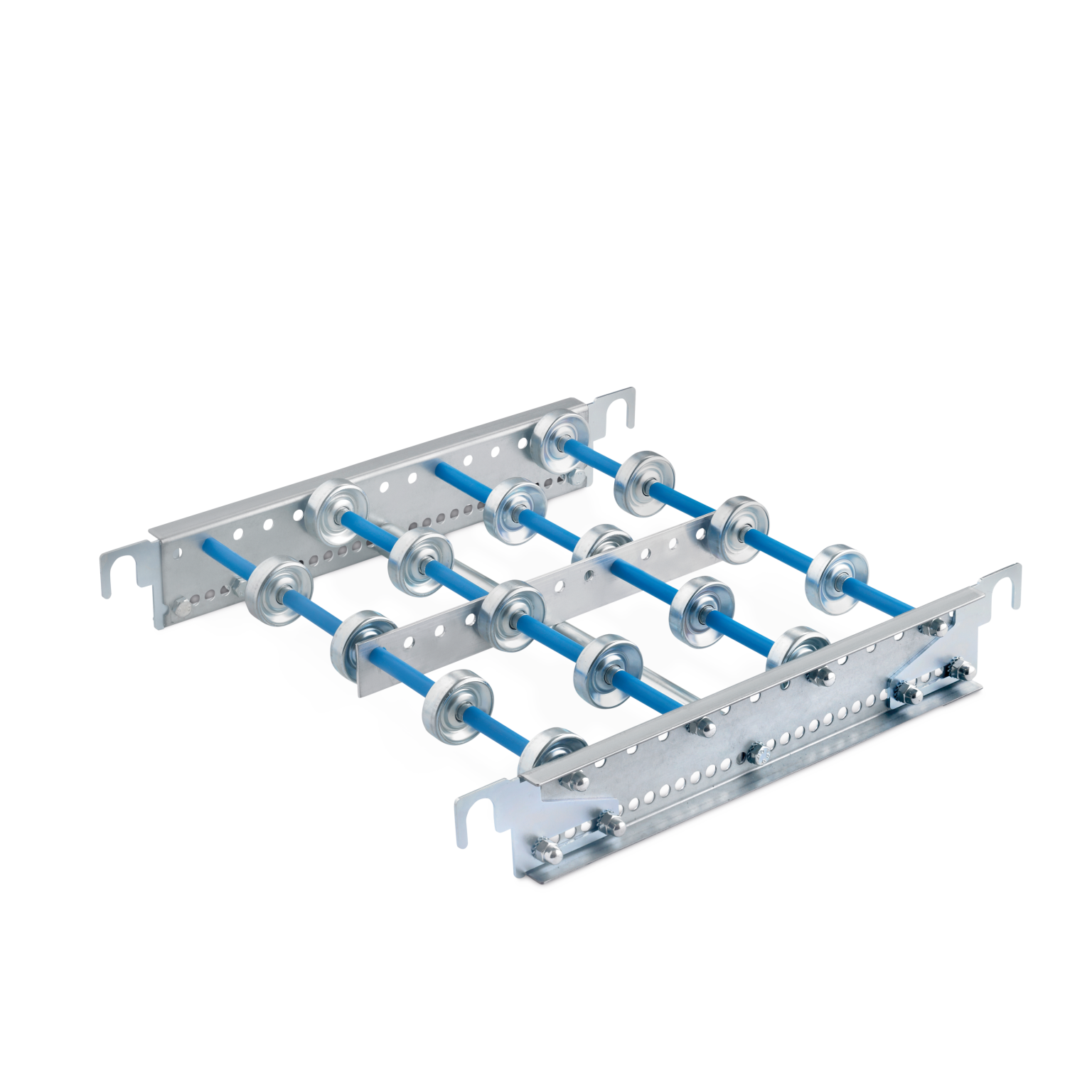 Ein Förderrollen-Set ist sichtbar, bestehend aus mehreren schmalen Rollen, die auf blauen Stangen montiert sind. Die Struktur hat eine silberne Metallbasis mit Montageschrauben und ist für den Einsatz in der Intralogistik konzipiert.