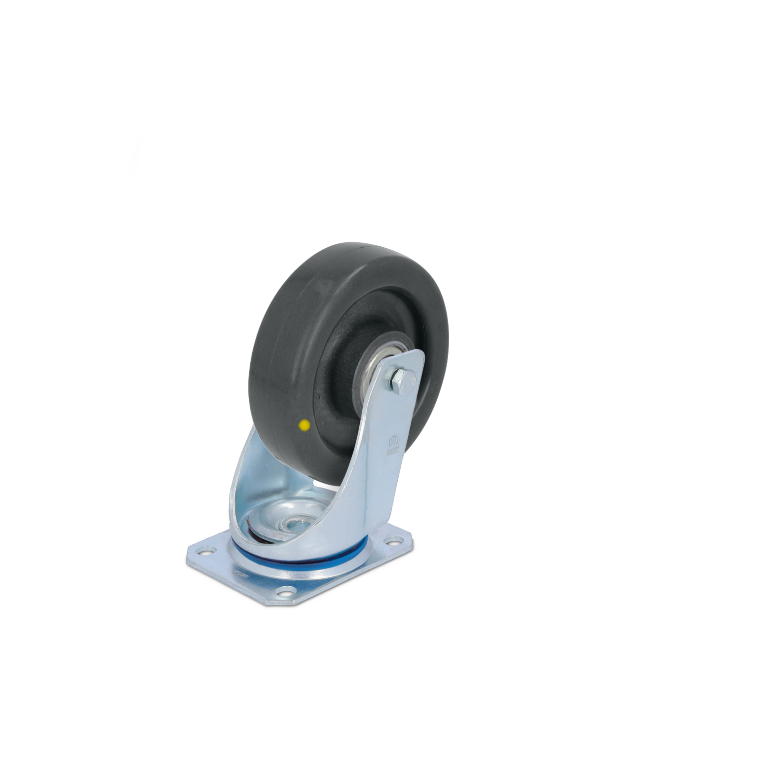 Zwart rubberen wiel bevestigd aan een metalen zwenkonderdeel met een glanzende afwerking. Het is gemonteerd op een rechthoekig montagedeel met vier gaten. Geen zichtbare achtergrond.