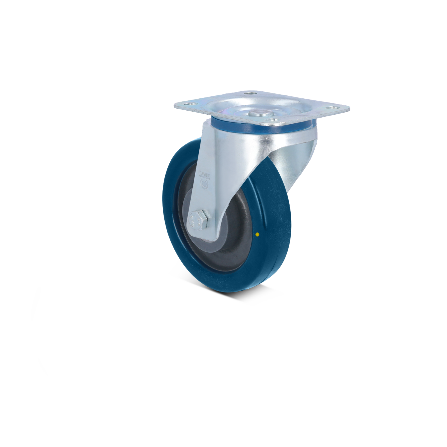 Een zwenkwiel met een metalen bevestigingsplaat. Het wiel is blauw met een zwarte rubberen binnenkant, ontworpen voor industriële toepassingen, en staat op een heldere achtergrond.