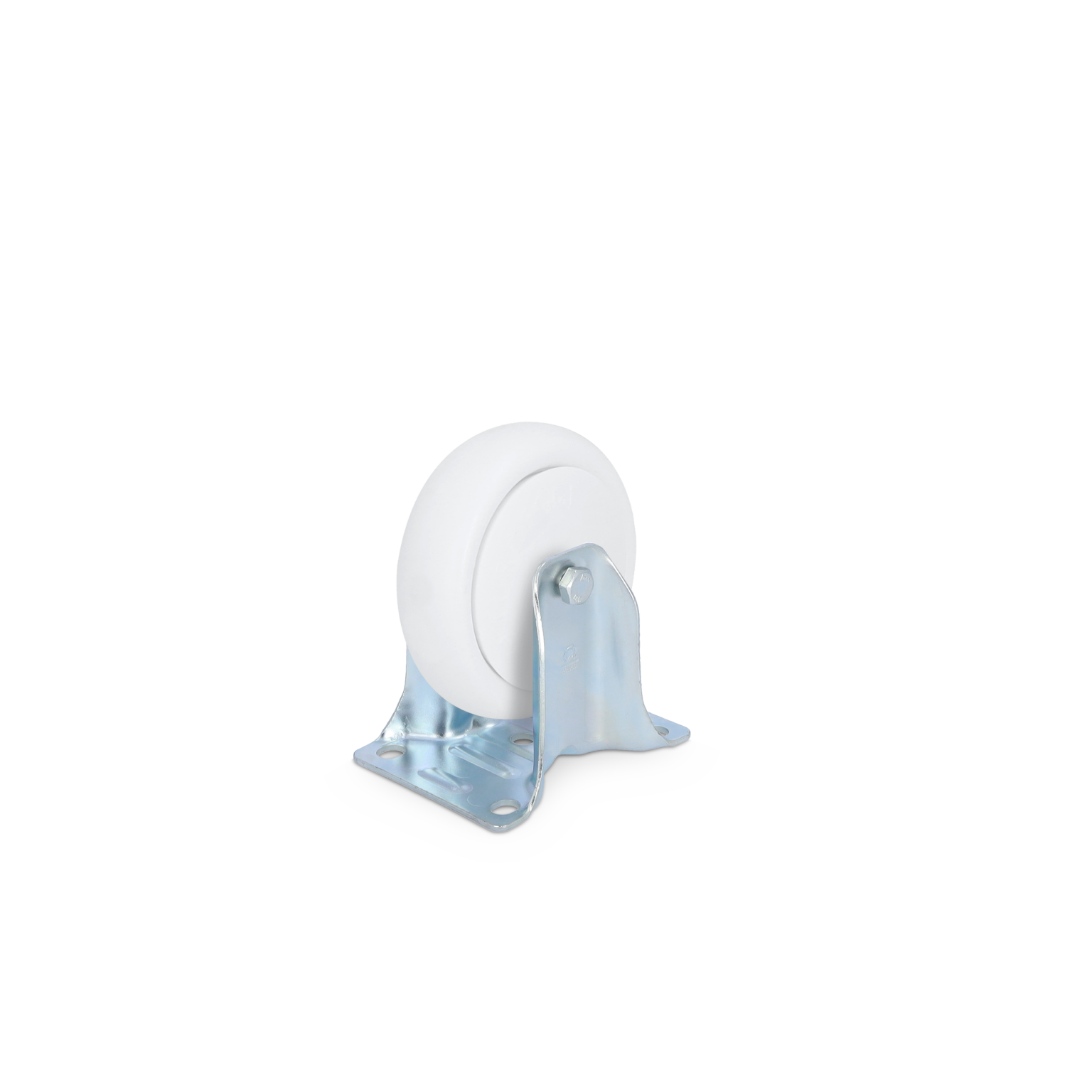 A white industrial wheel with a shiny metal mounting plate is positioned upright. The wheel is smooth and round, designed for mobility, and is attached securely to the metal bracket.