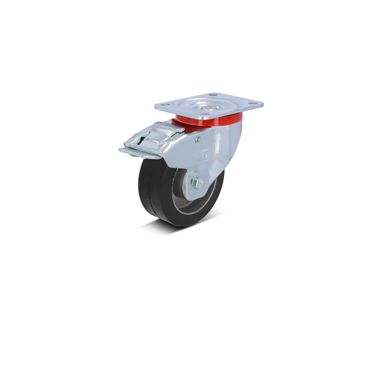 Zwenkwiel met een metalen bevestigingsplaat, zwart rubberen band en een rode ring. Het wiel is in een verticale positie geplaatst, gericht op een neutrale achtergrond.