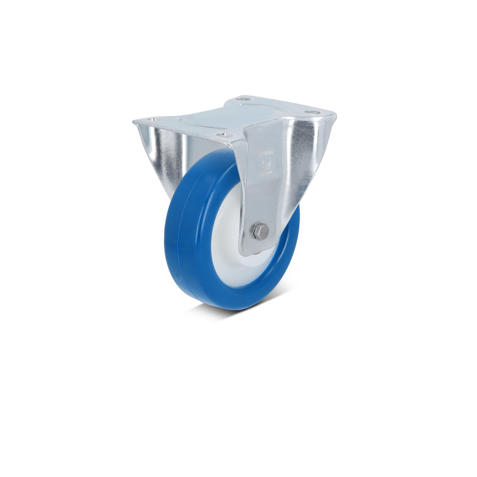Een blauwe rubberen wiel is gemonteerd op een metalen bevestigingsplaat. Het wiel heeft een witte kern en is ontworpen voor industriële toepassingen. De achtergrond is zwart.
