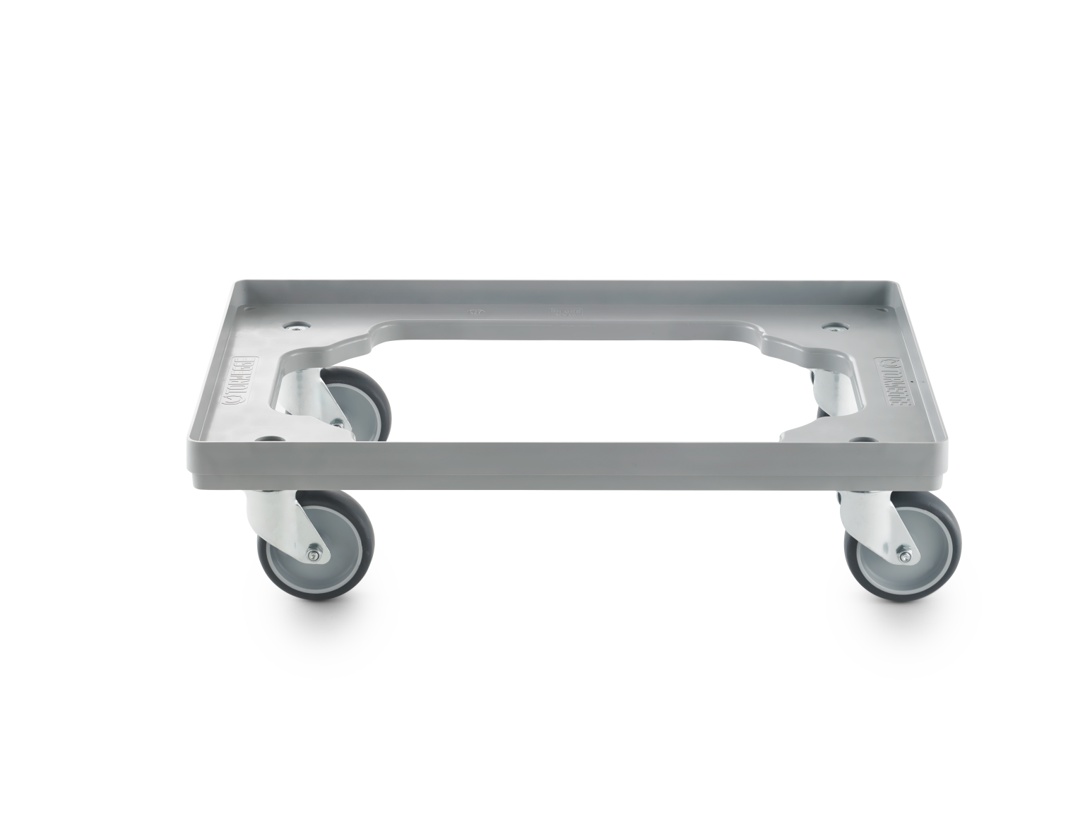A flat transport trolley with a gray plastic platform is shown. Four gray castors are attached to the corners, enabling easy movement. The background is blank, emphasizing the trolley-s design and functionality.