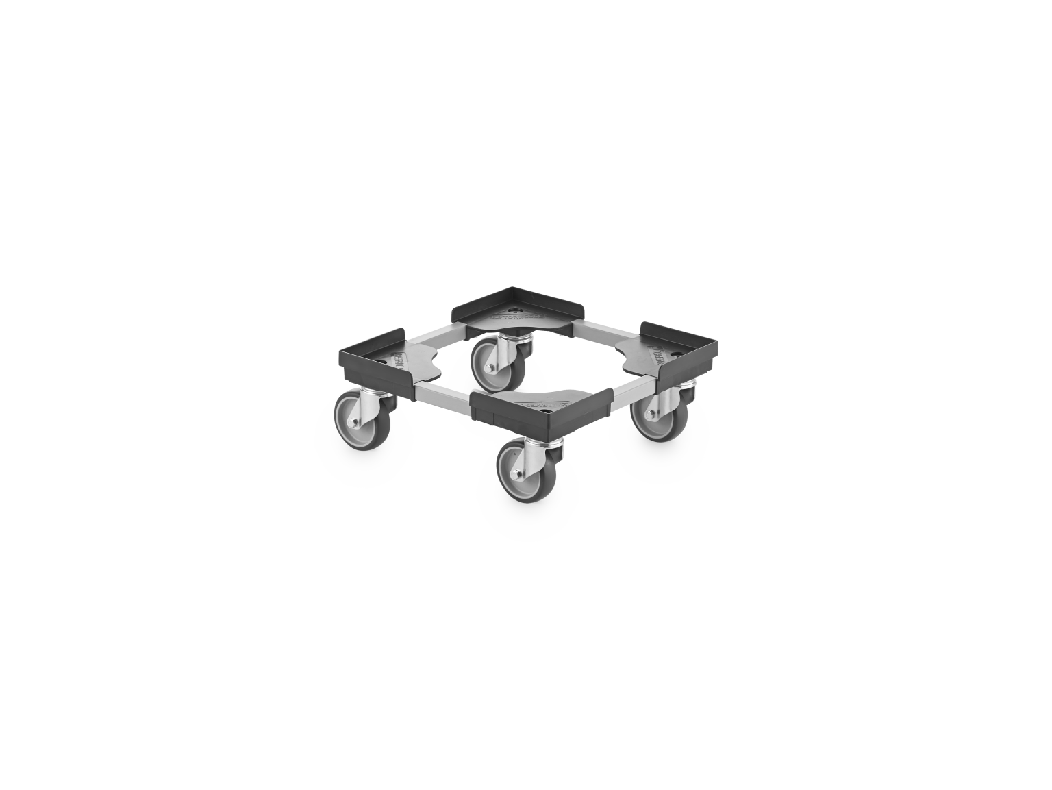 A square transport dolly with four rotating castors is shown, designed to facilitate movement. Its structure features metallic frames at each corner, emphasizing stability and mobility in a warehouse setting.